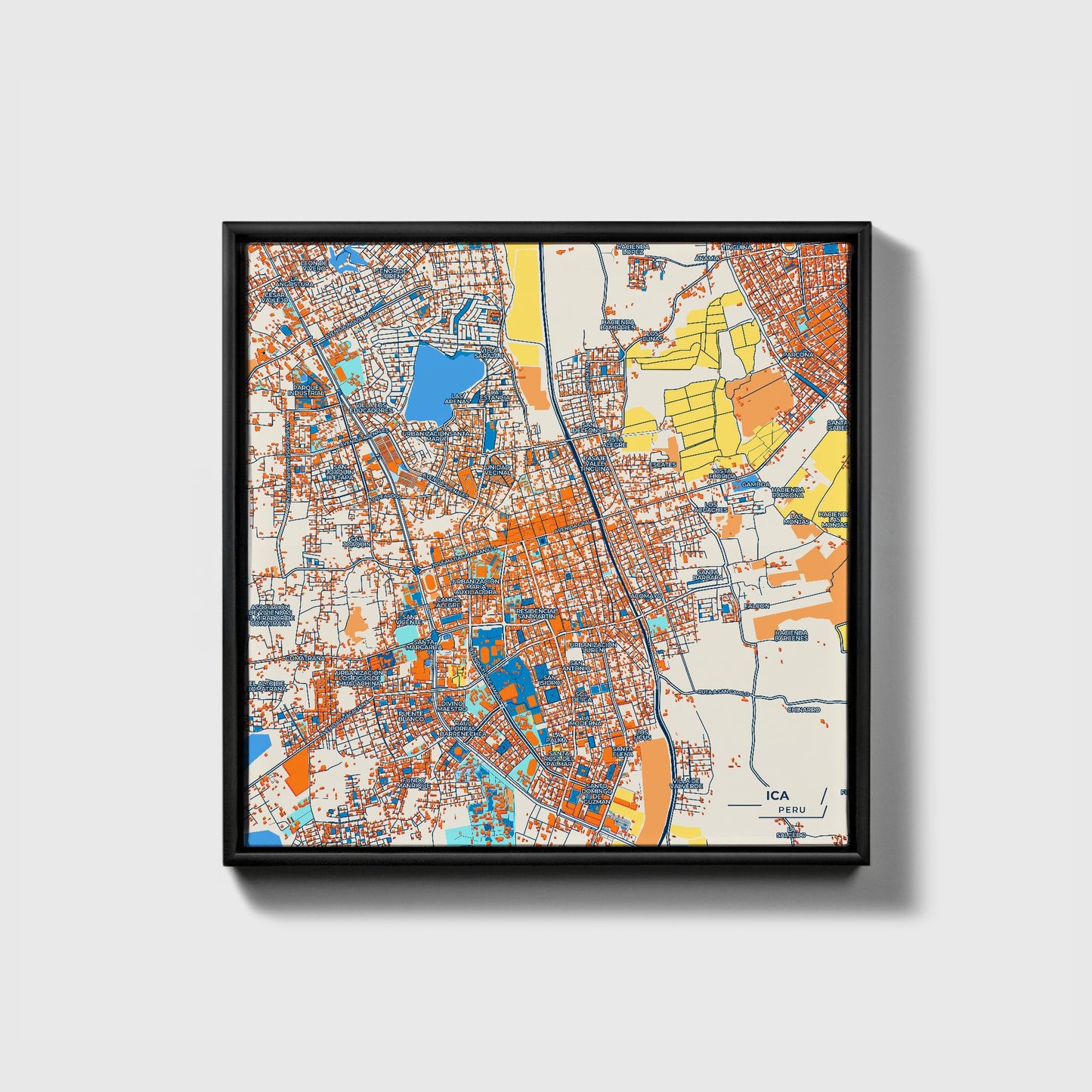 Ica Peru Colorful City Map Canvas Print • Black Framed