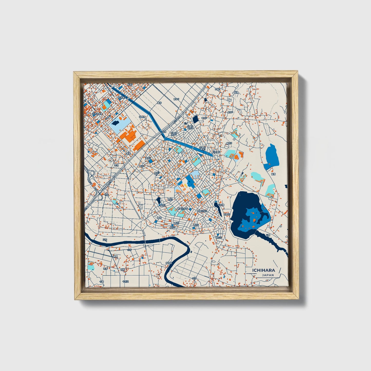 Ichihara Japan Colorful City Map Canvas Print • Natural Wooden Framed