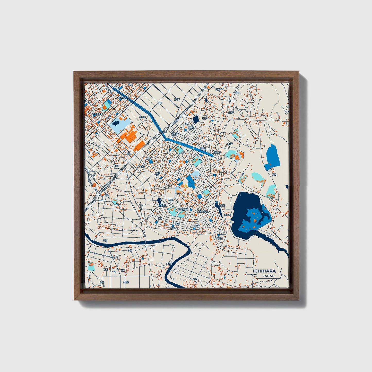 Ichihara Japan Colorful City Map Canvas Print • Dark Wooden Framed