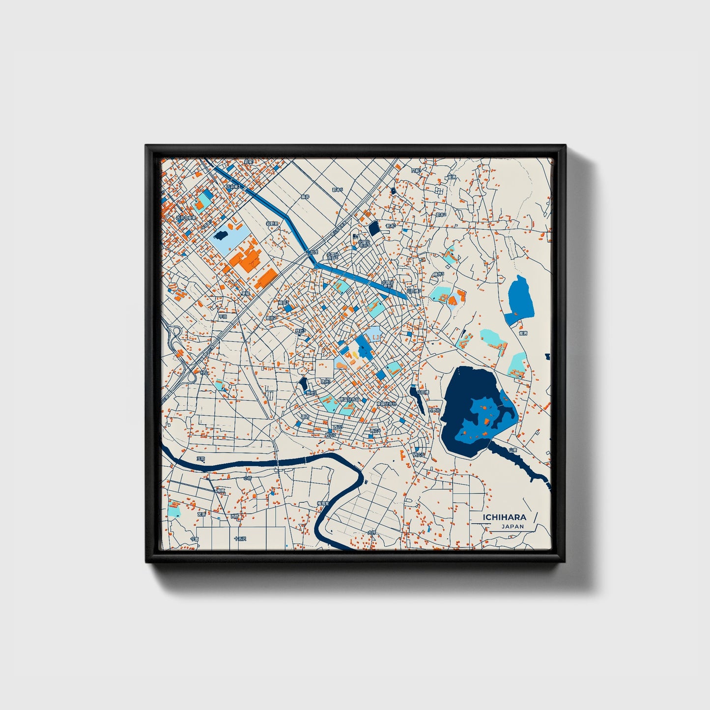 Ichihara Japan Colorful City Map Canvas Print • Black Framed