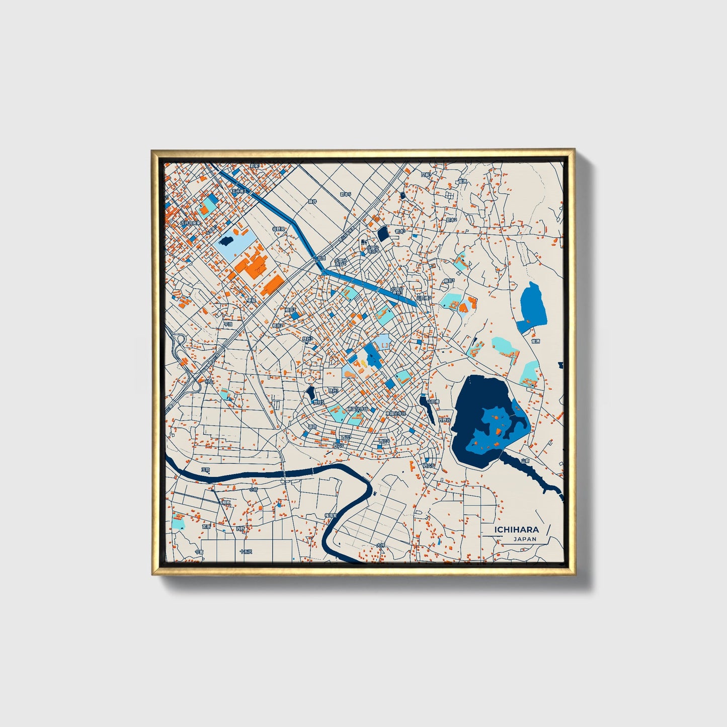 Ichihara Japan Colorful City Map Canvas Print • Gold Framed