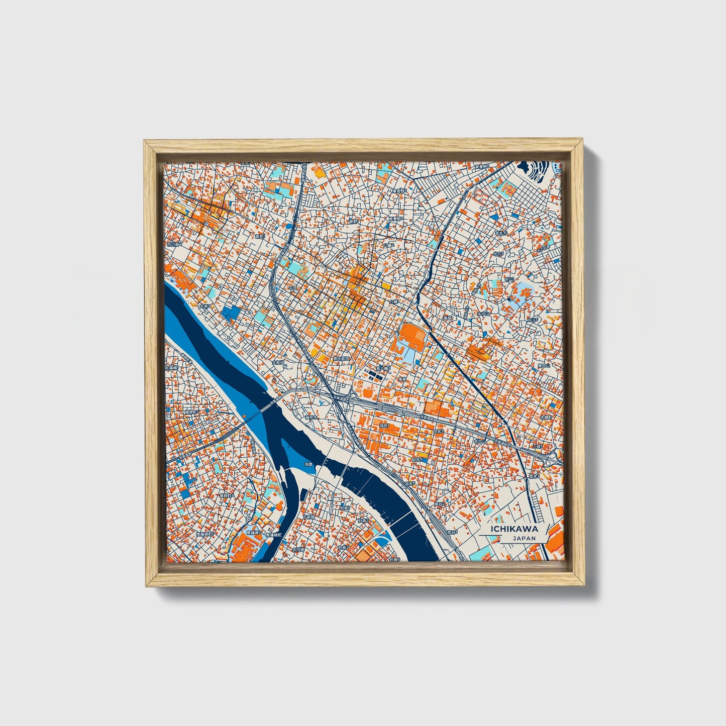 Ichikawa Japan Colorful City Map Canvas Print • Natural Wooden Framed