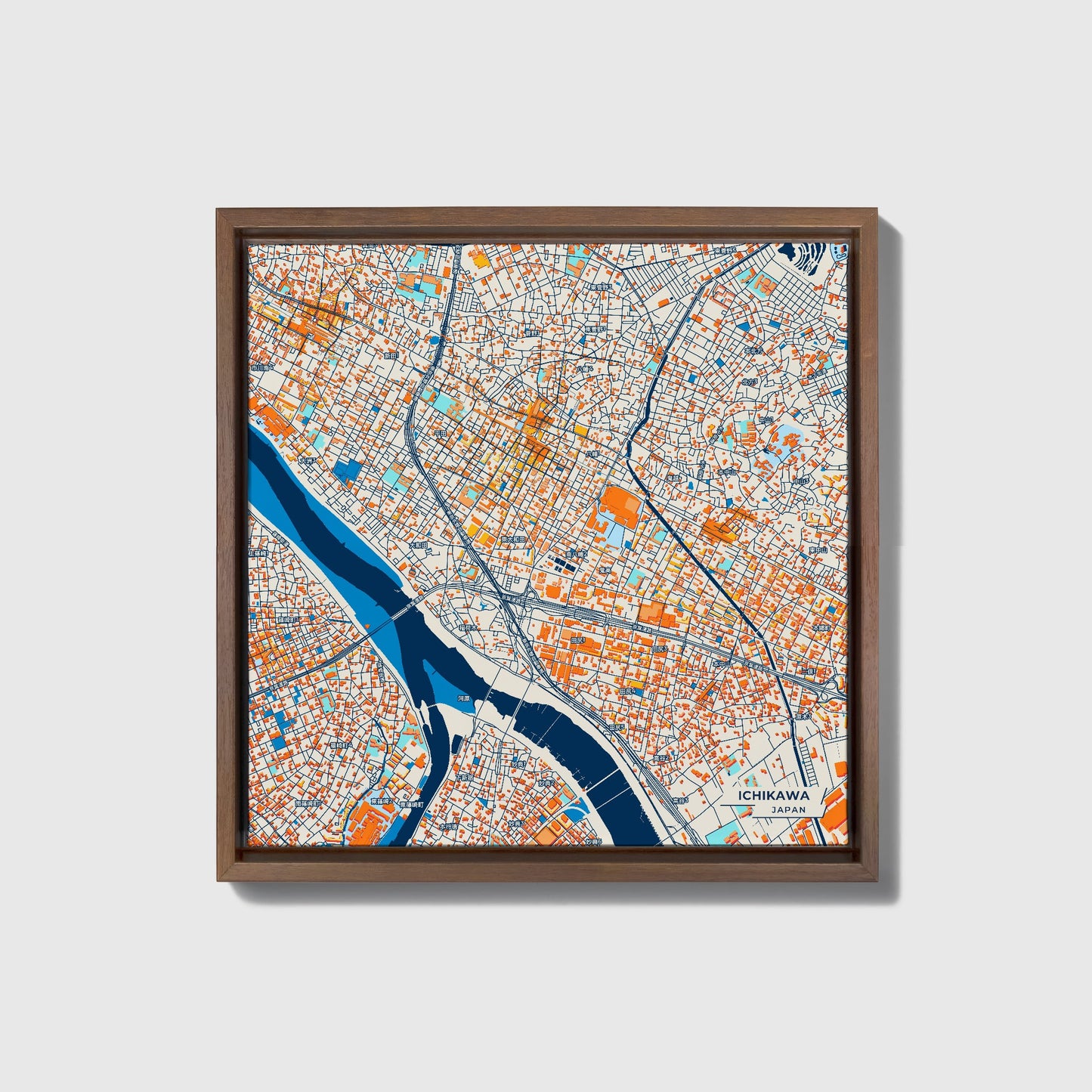 Ichikawa Japan Colorful City Map Canvas Print • Dark Wooden Framed
