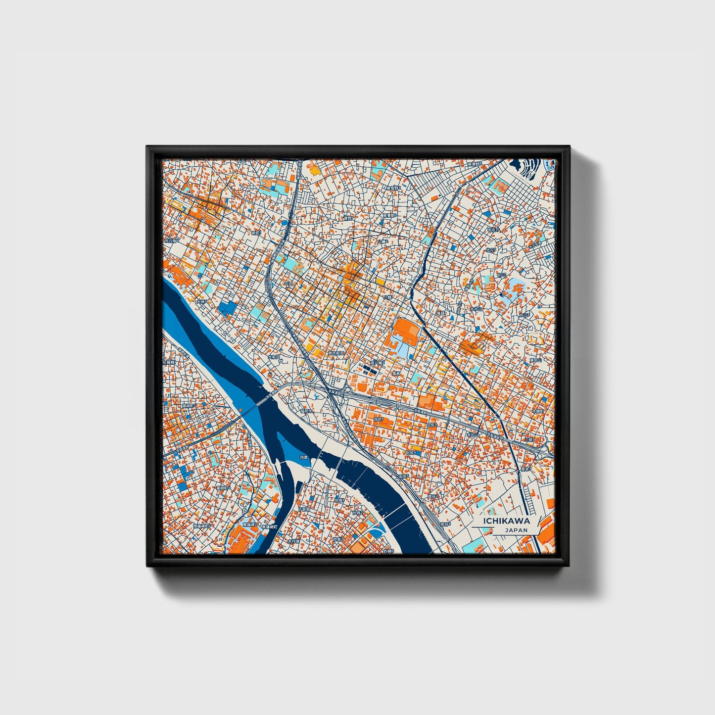 Ichikawa Japan Colorful City Map Canvas Print • Black Framed