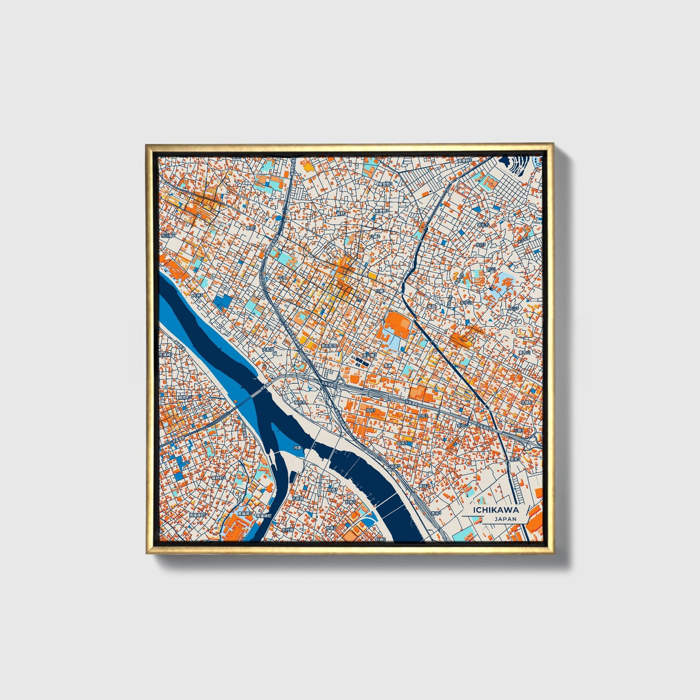 Ichikawa Japan Colorful City Map Canvas Print • Gold Framed