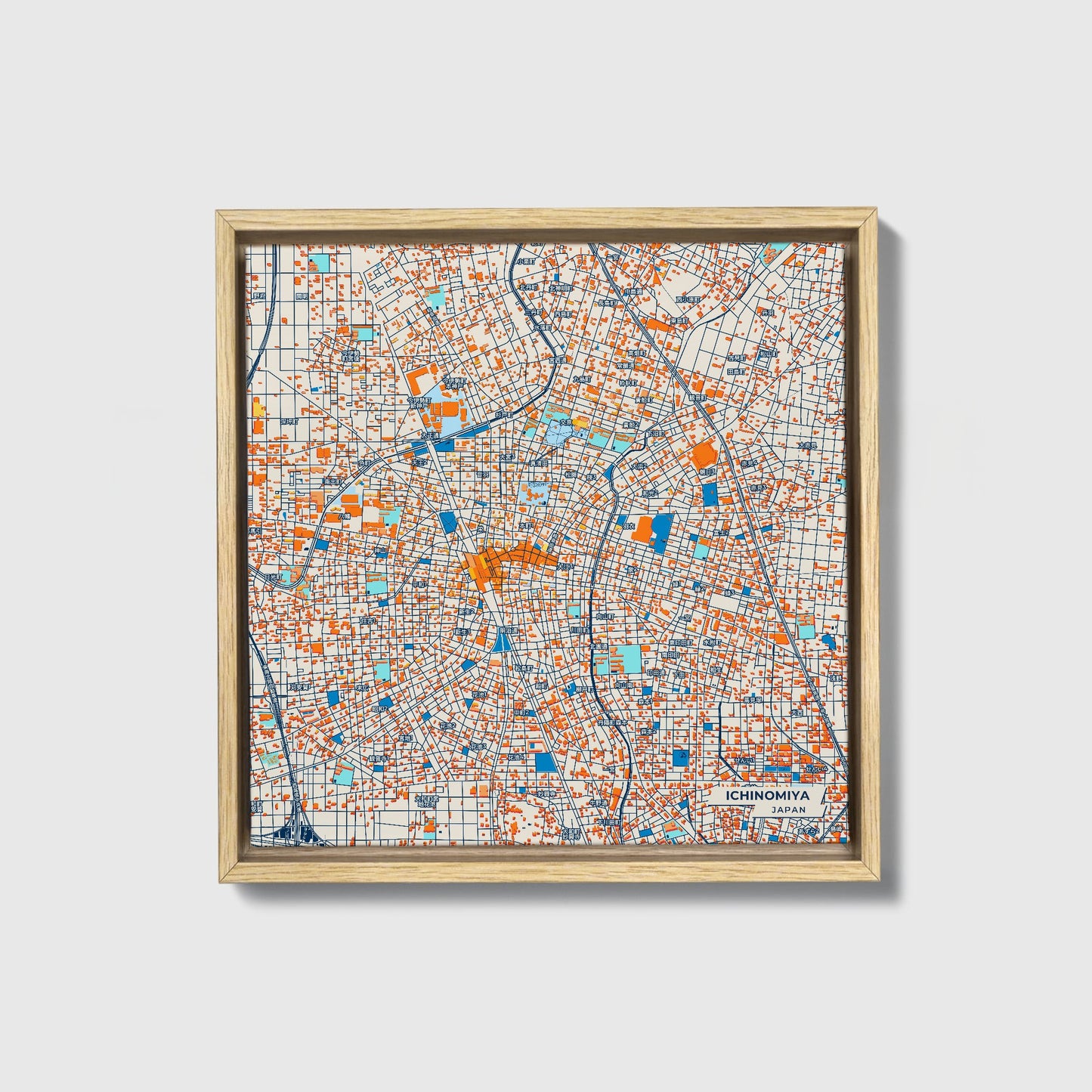 Ichinomiya Japan Colorful City Map Canvas Print • Natural Wooden Framed