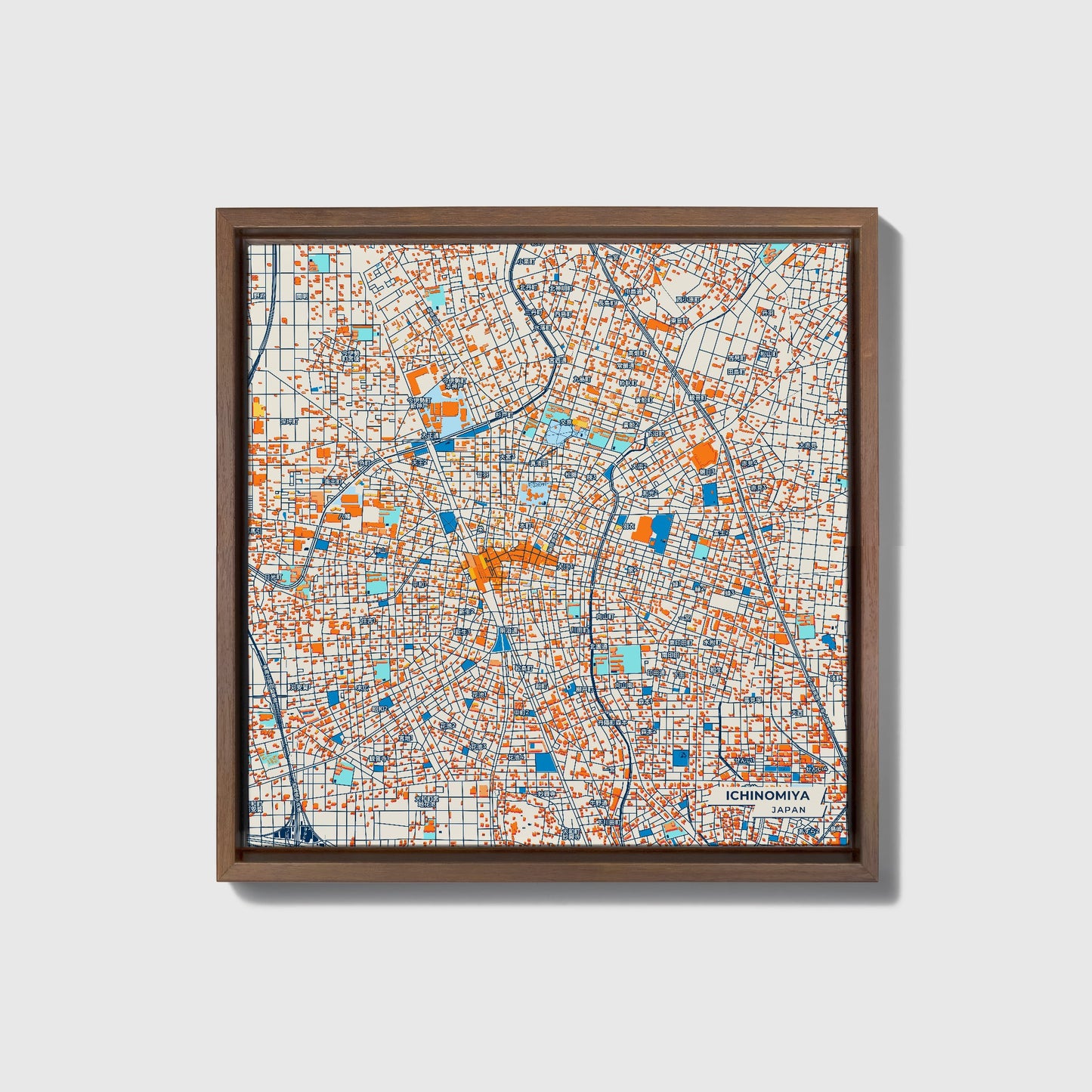 Ichinomiya Japan Colorful City Map Canvas Print • Dark Wooden Framed