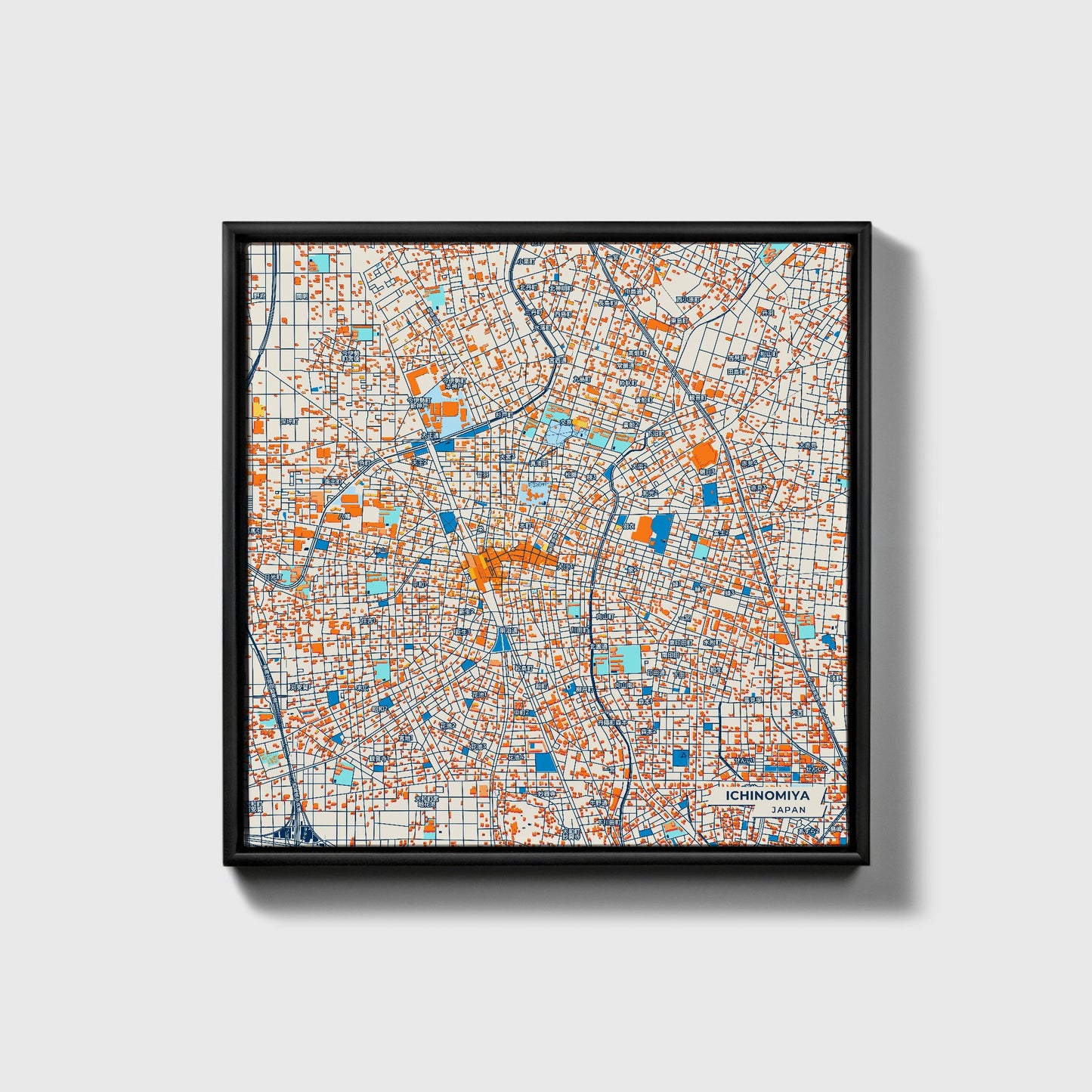 Ichinomiya Japan Colorful City Map Canvas Print • Black Framed
