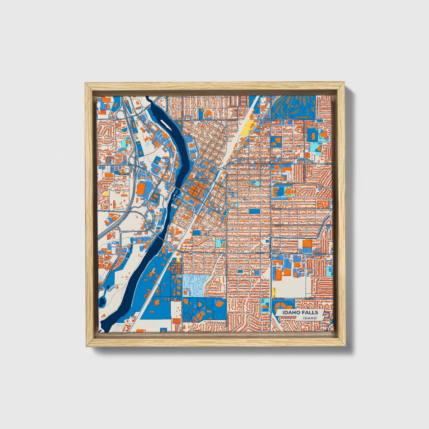 Idaho Falls Idaho Colorful City Map Canvas Print • Natural Wooden Framed