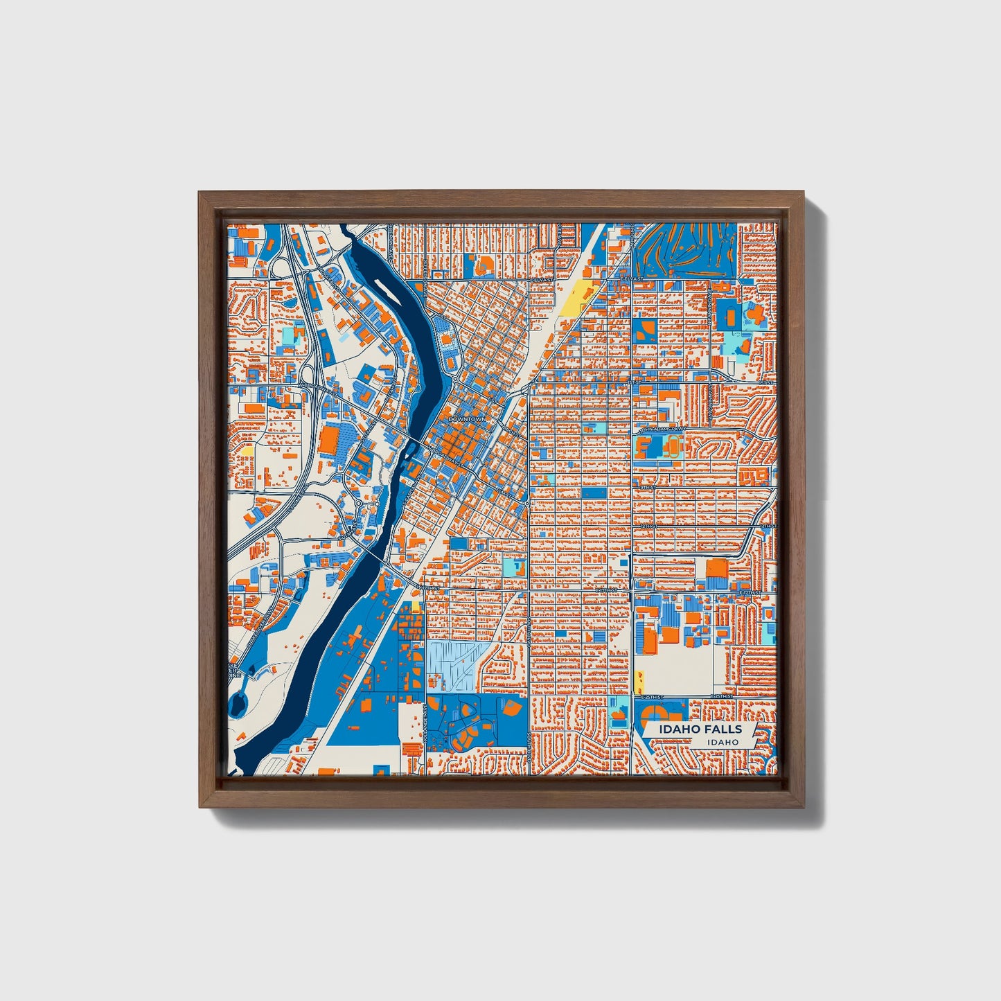 Idaho Falls Idaho Colorful City Map Canvas Print • Dark Wooden Framed