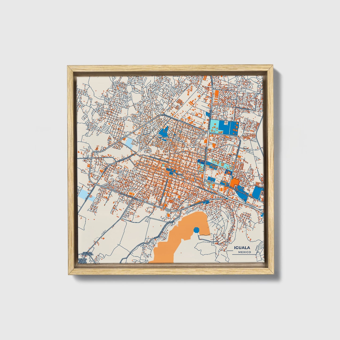 Iguala Mexico Colorful City Map Canvas Print • Natural Wooden Framed