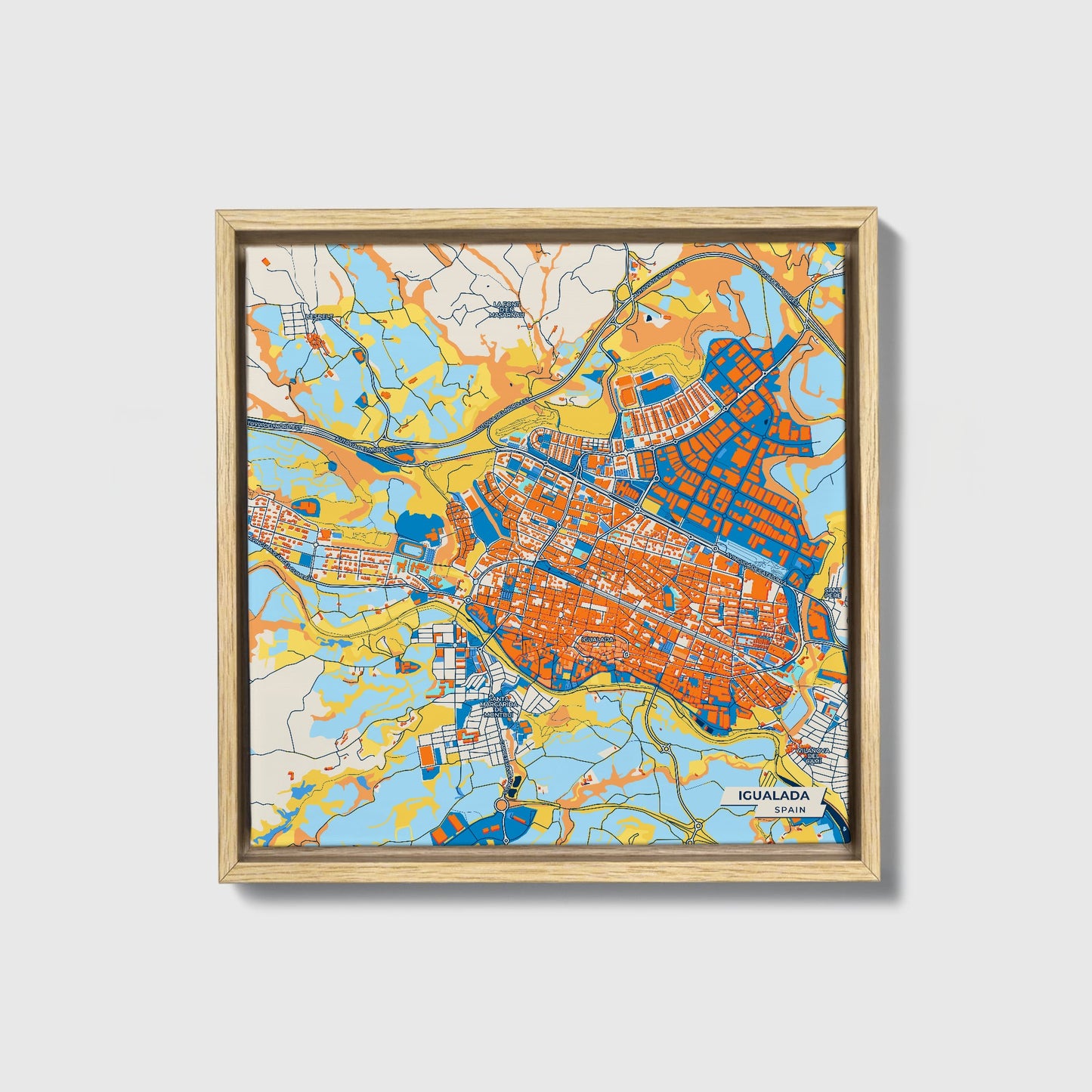 Igualada Spain Colorful City Map Canvas Print • Natural Wooden Framed