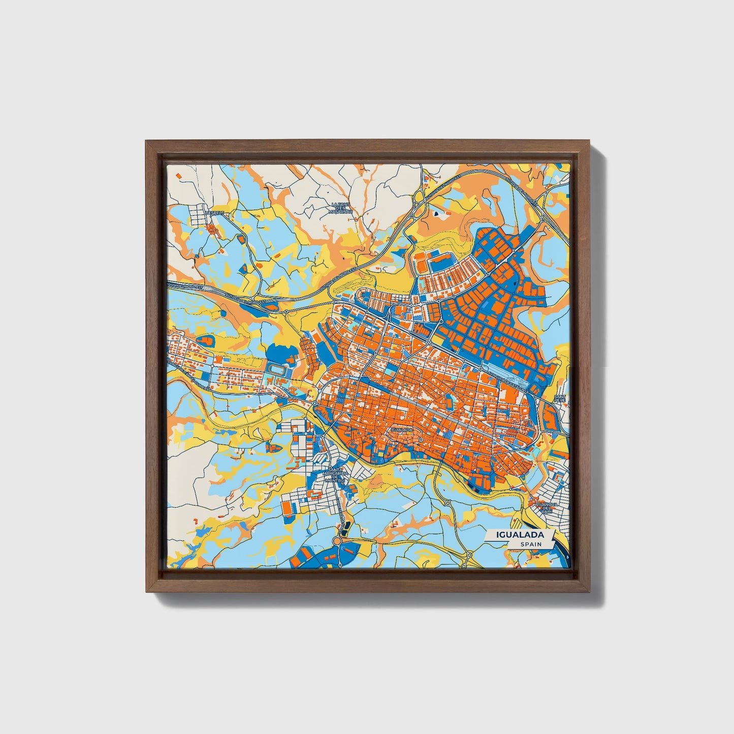 Igualada Spain Colorful City Map Canvas Print • Dark Wooden Framed