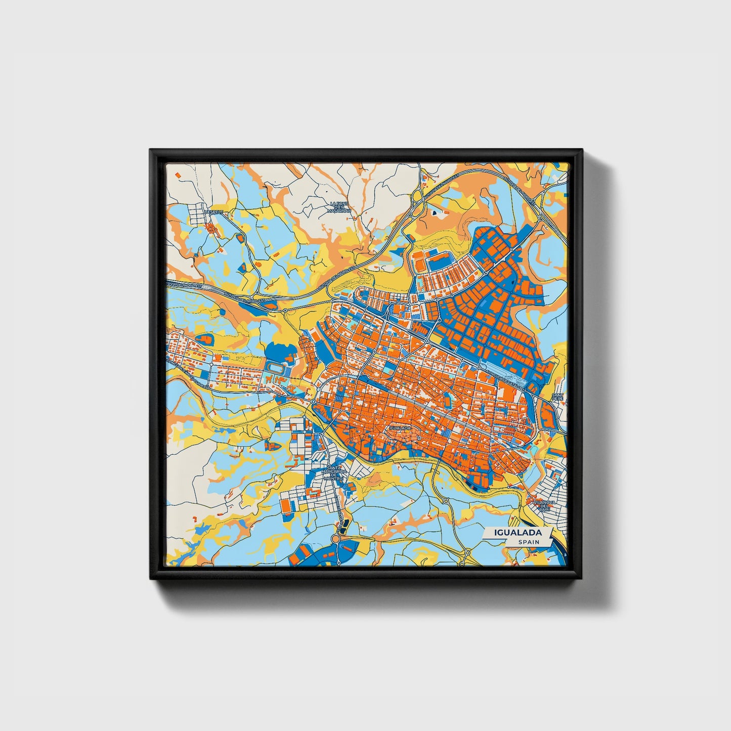 Igualada Spain Colorful City Map Canvas Print • Black Framed