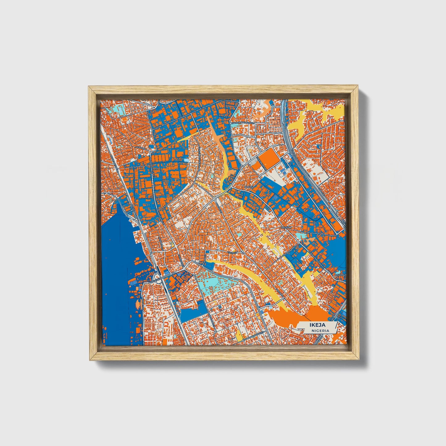 Ikeja Nigeria Colorful City Map Canvas Print • Natural Wooden Framed