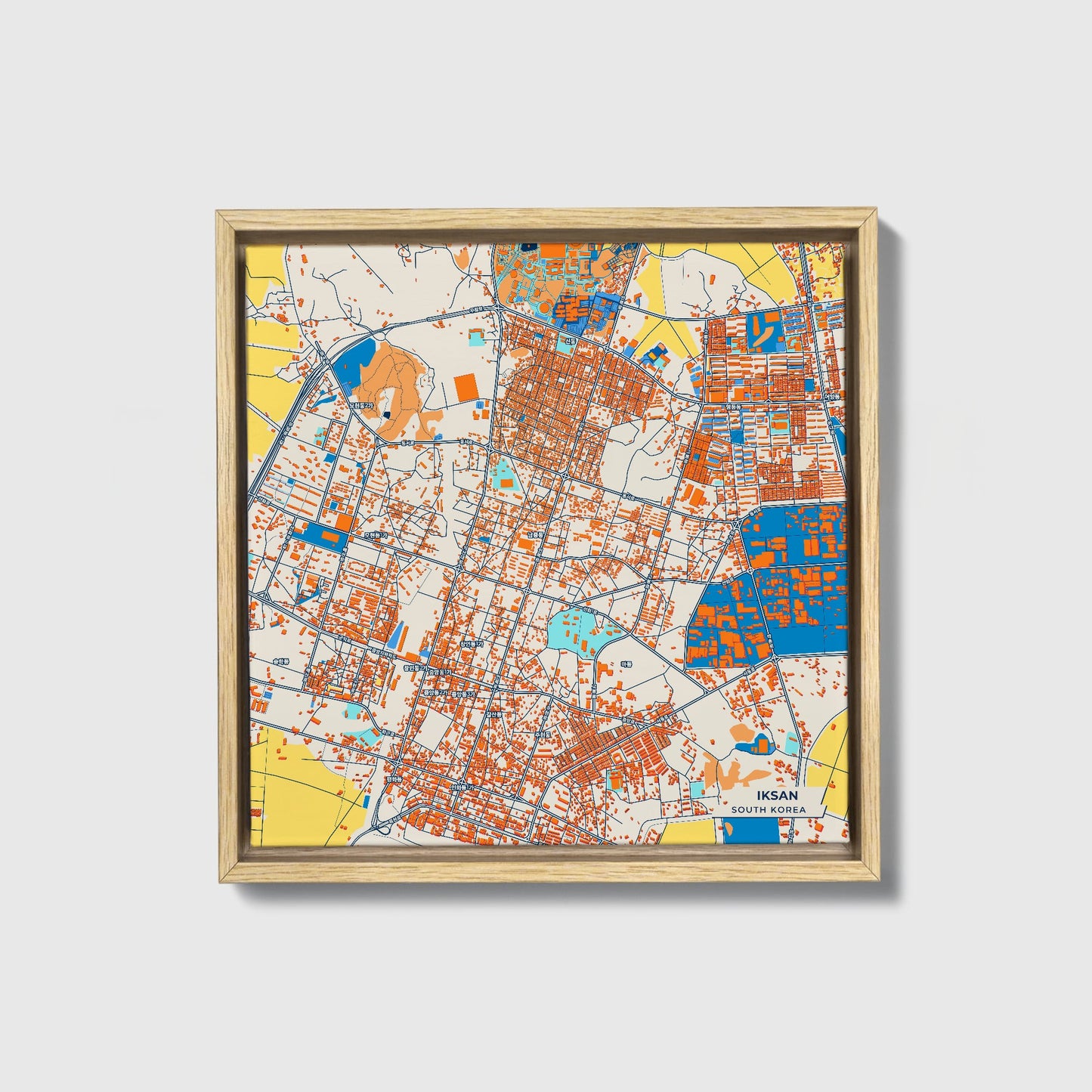Iksan South Korea Colorful City Map Canvas Print • Natural Wooden Framed