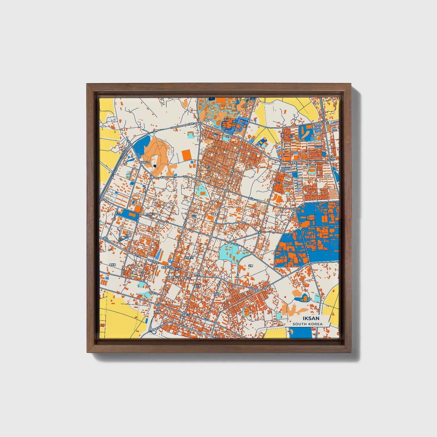 Iksan South Korea Colorful City Map Canvas Print • Dark Wooden Framed