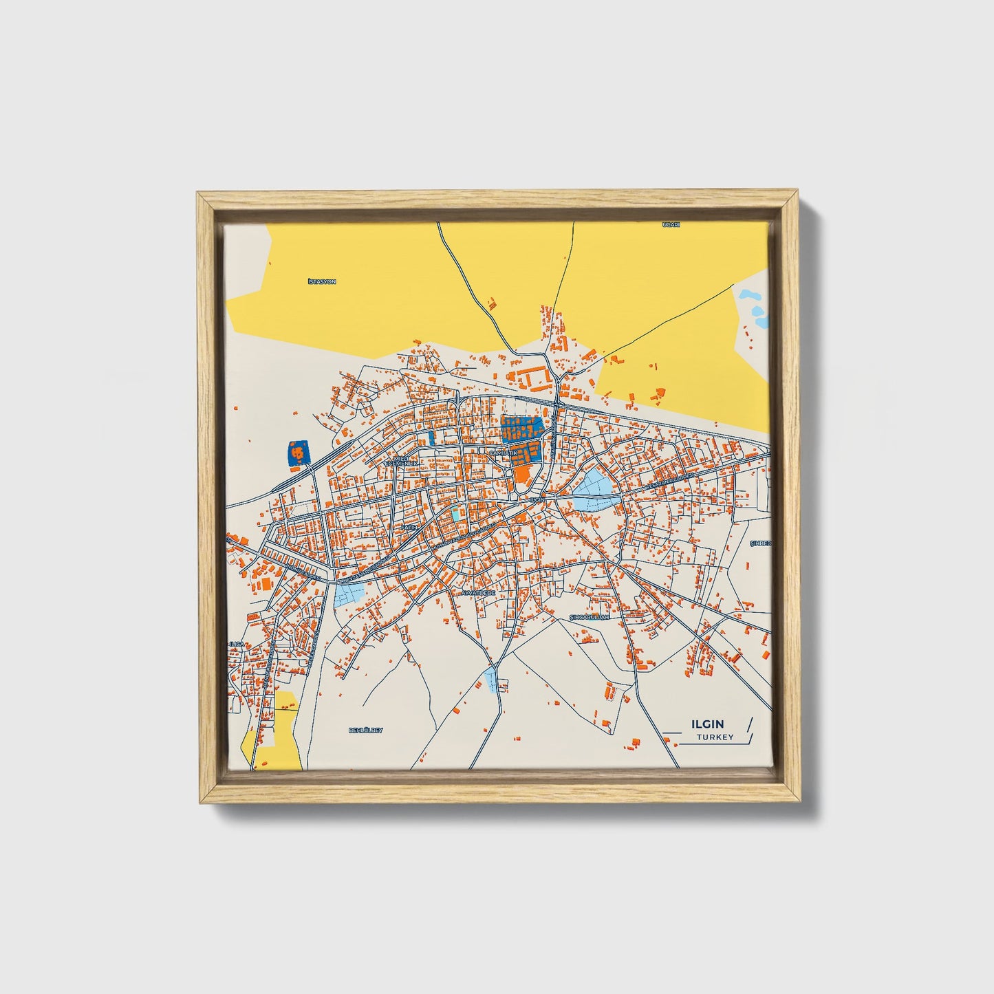 Ilgin Turkey Colorful City Map Canvas Print • Natural Wooden Framed
