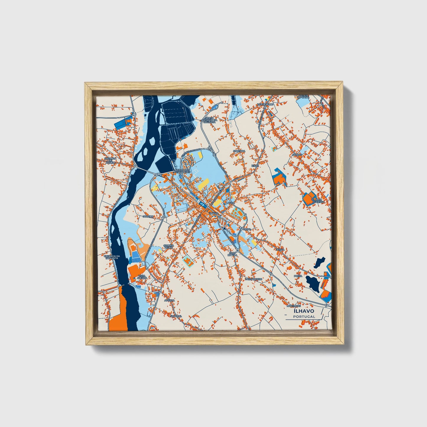 Ílhavo Portugal Colorful City Map Canvas Print • Natural Wooden Framed