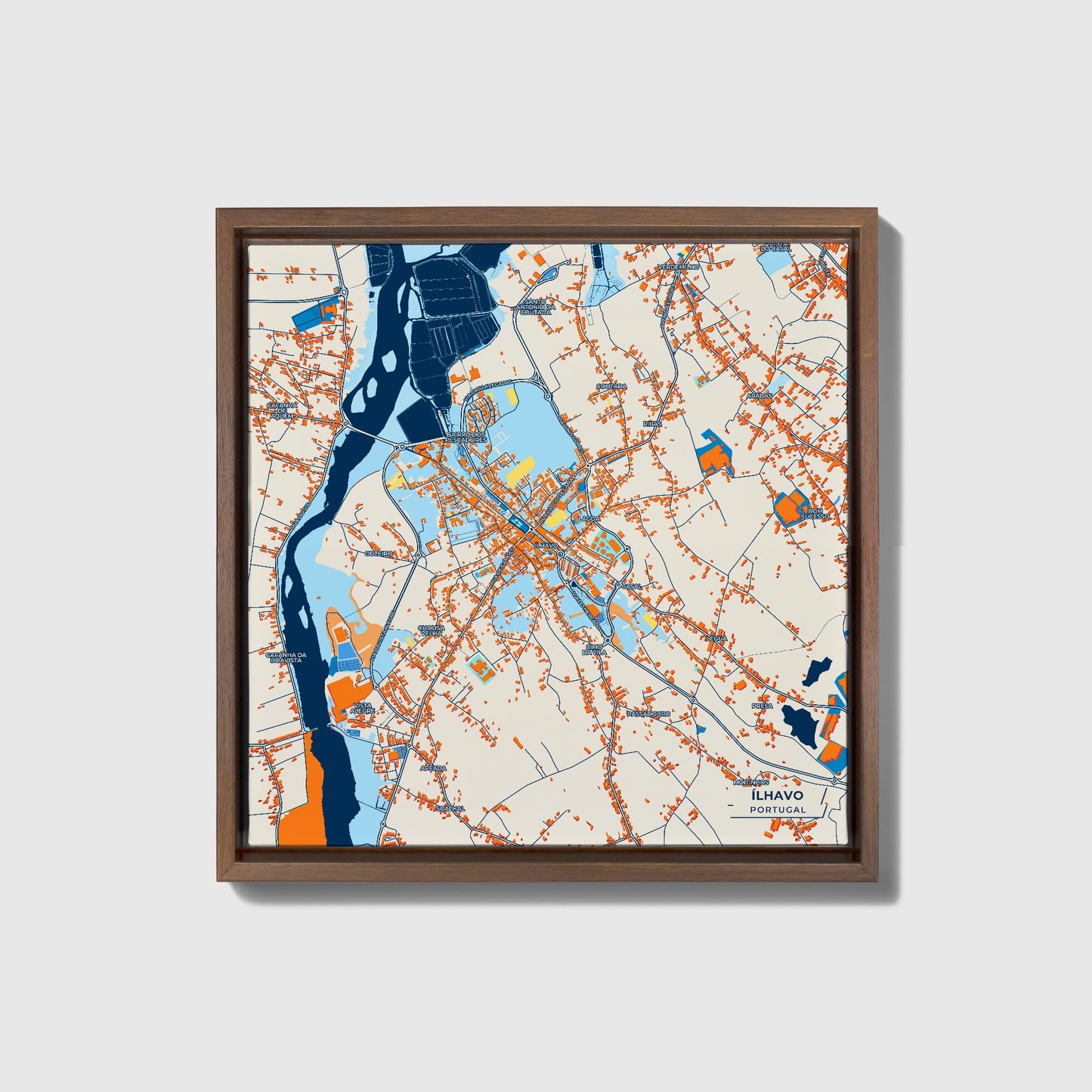 Ílhavo Portugal Colorful City Map Canvas Print • Dark Wooden Framed