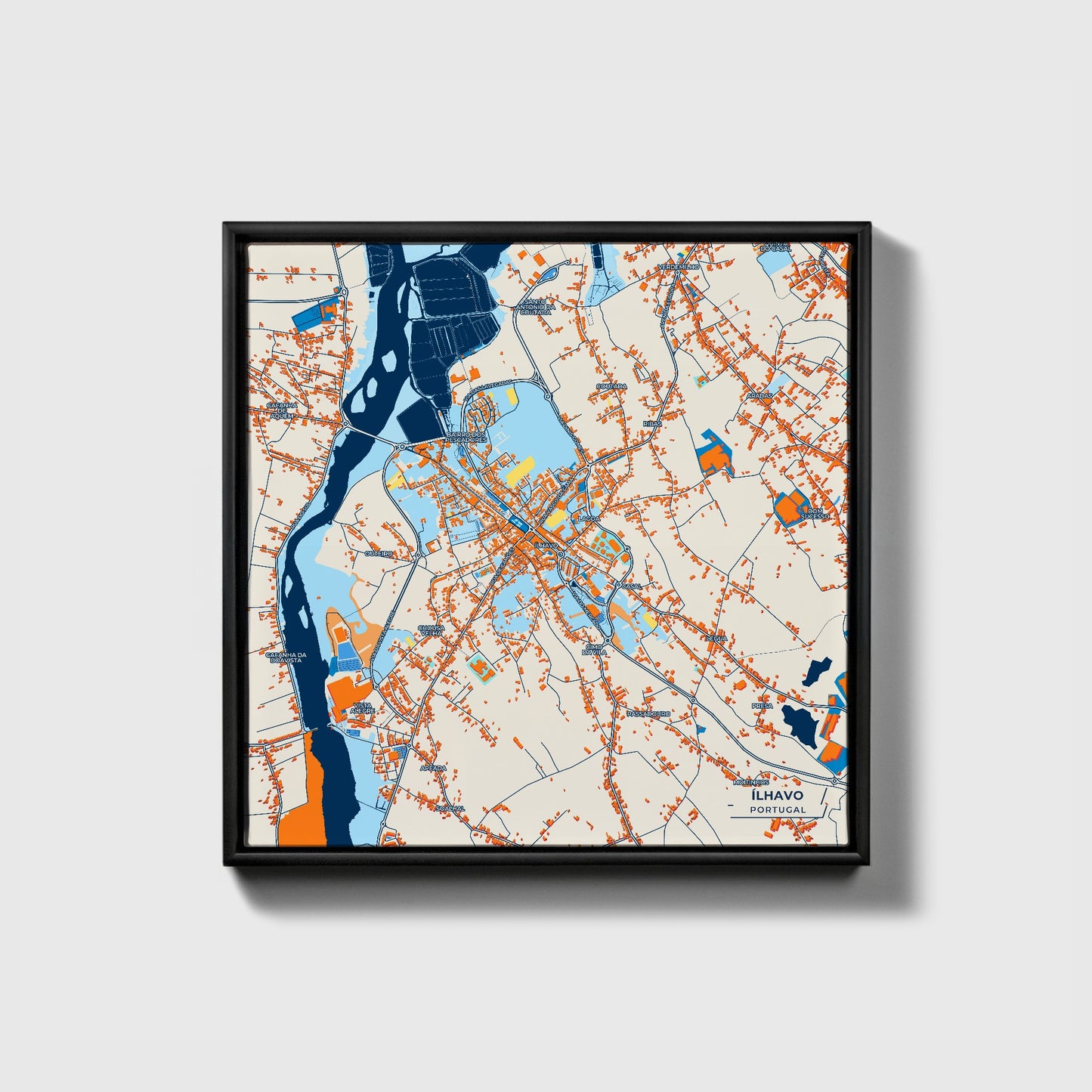 Ílhavo Portugal Colorful City Map Canvas Print • Black Framed