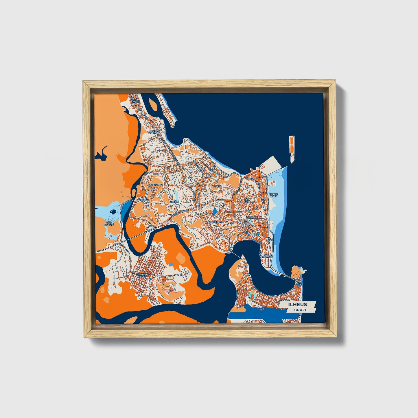Ilheus Brazil Colorful City Map Canvas Print • Natural Wooden Framed