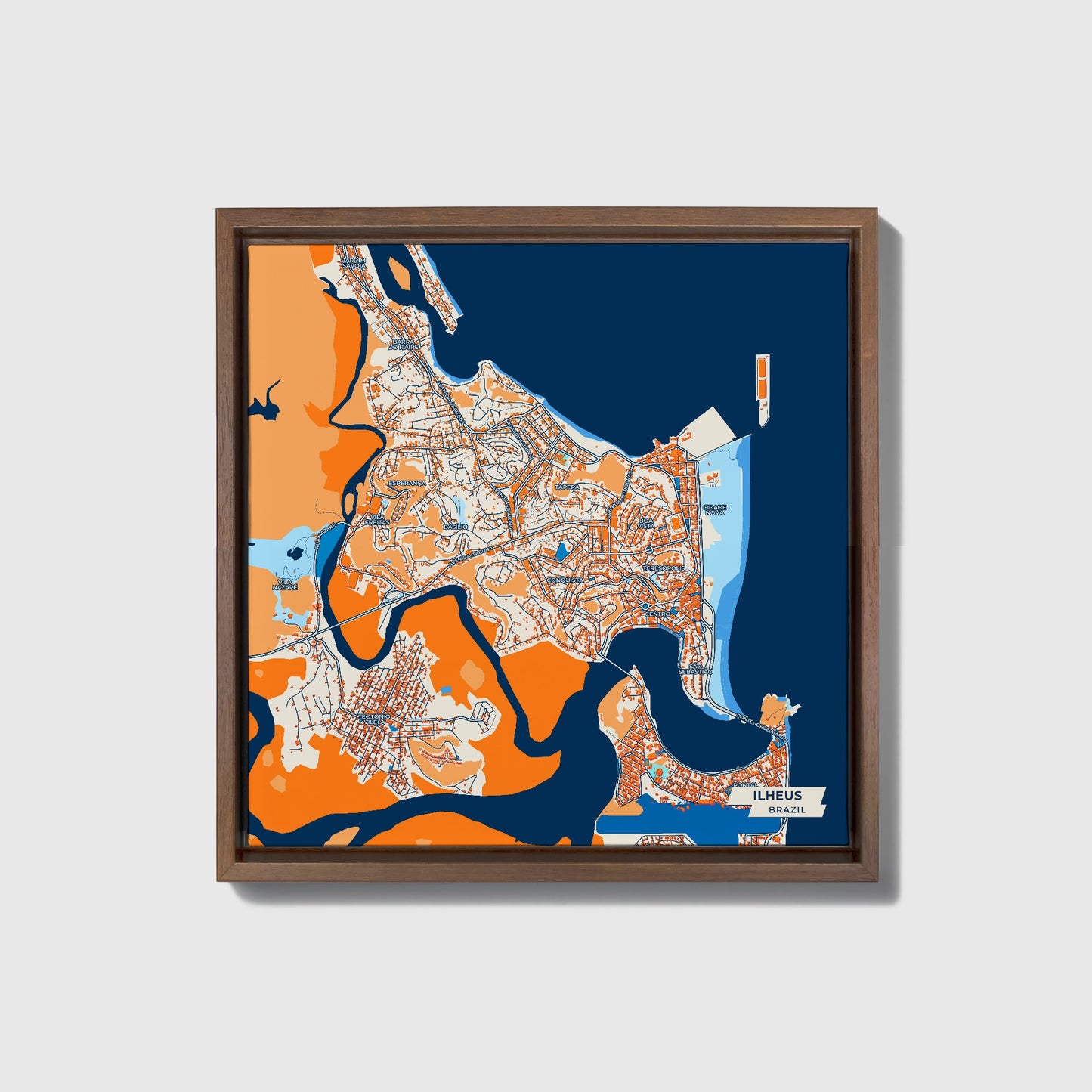 Ilheus Brazil Colorful City Map Canvas Print • Dark Wooden Framed