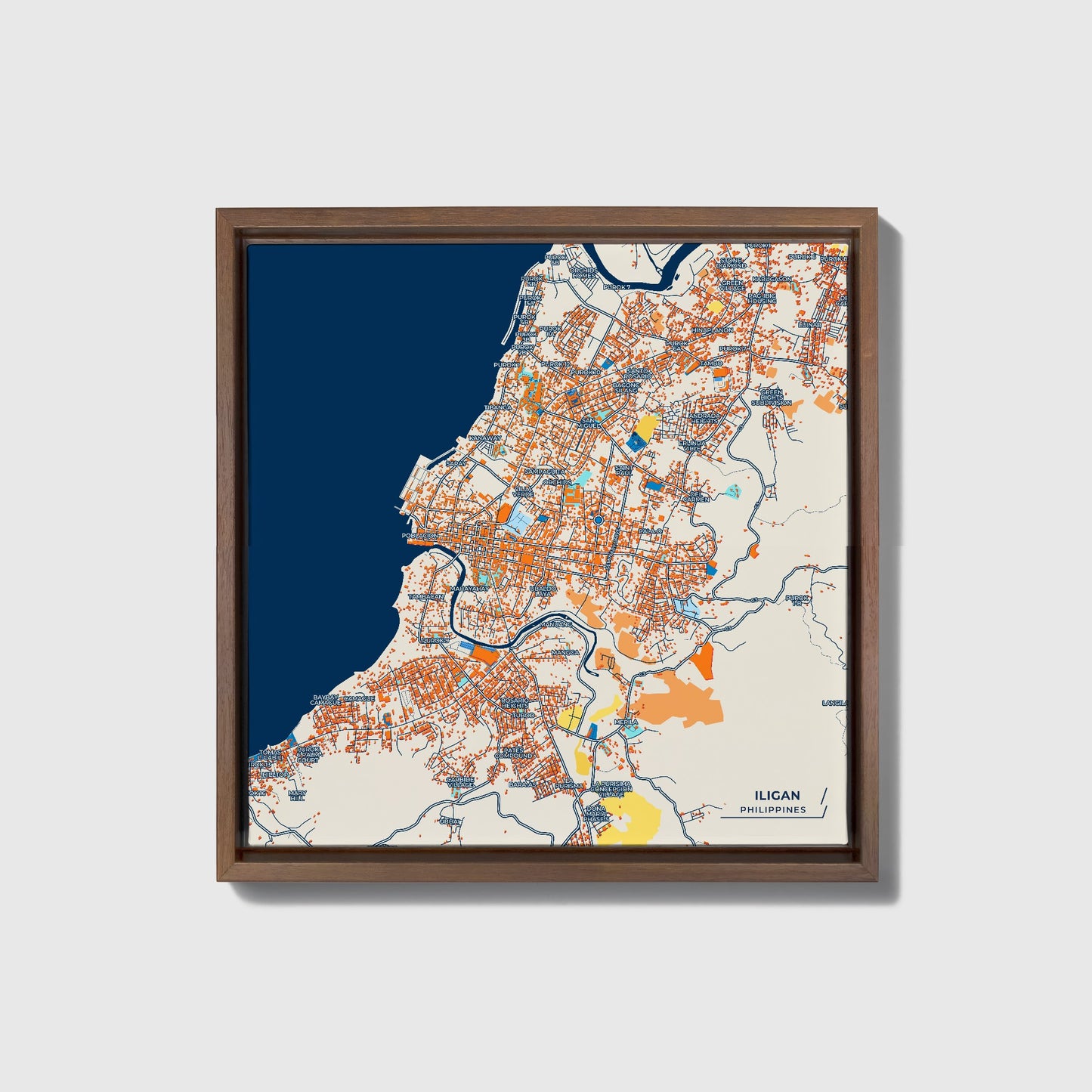 Iligan Philippines Colorful City Map Canvas Print • Dark Wooden Framed