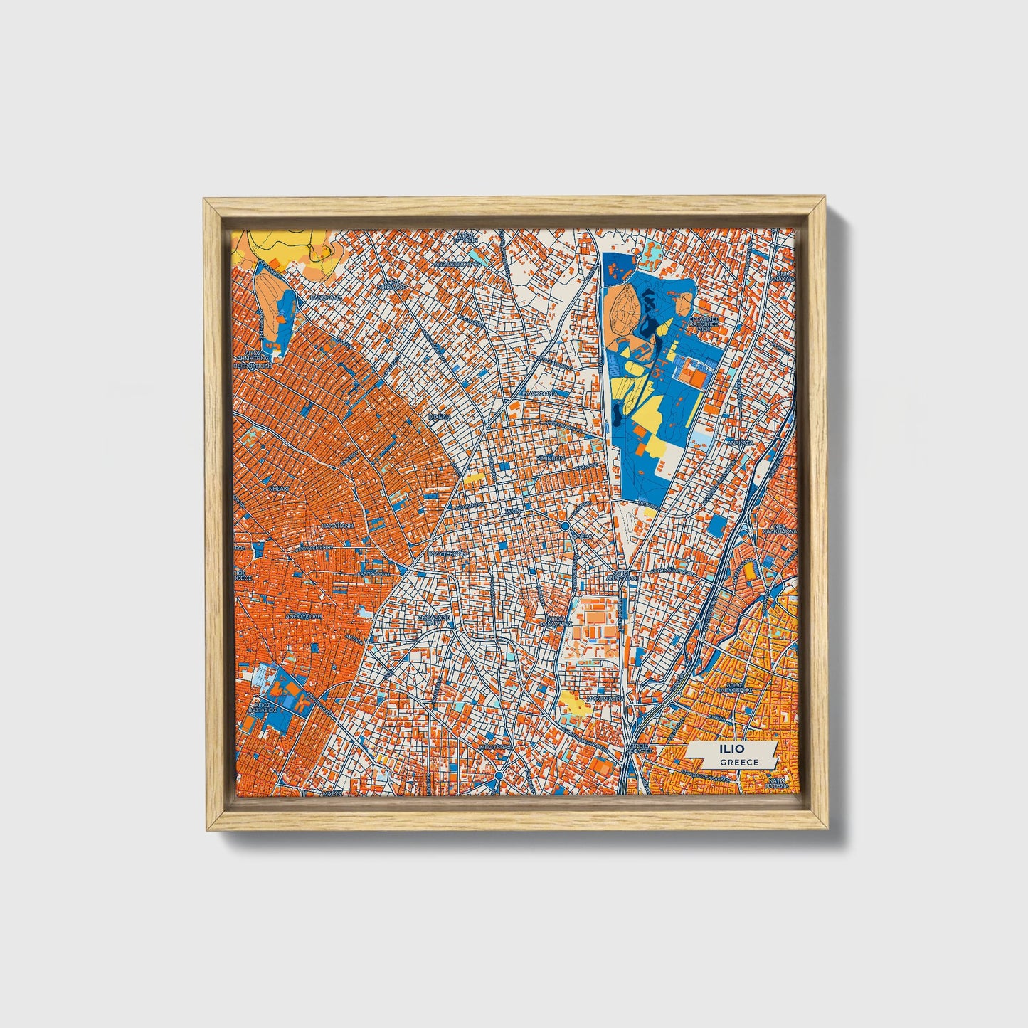 Ilio Greece Colorful City Map Canvas Print • Natural Wooden Framed