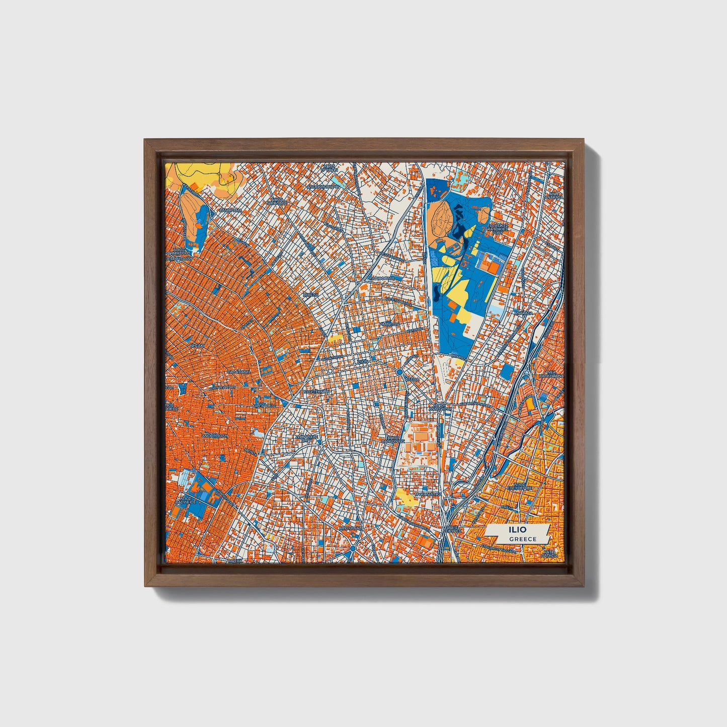 Ilio Greece Colorful City Map Canvas Print • Dark Wooden Framed