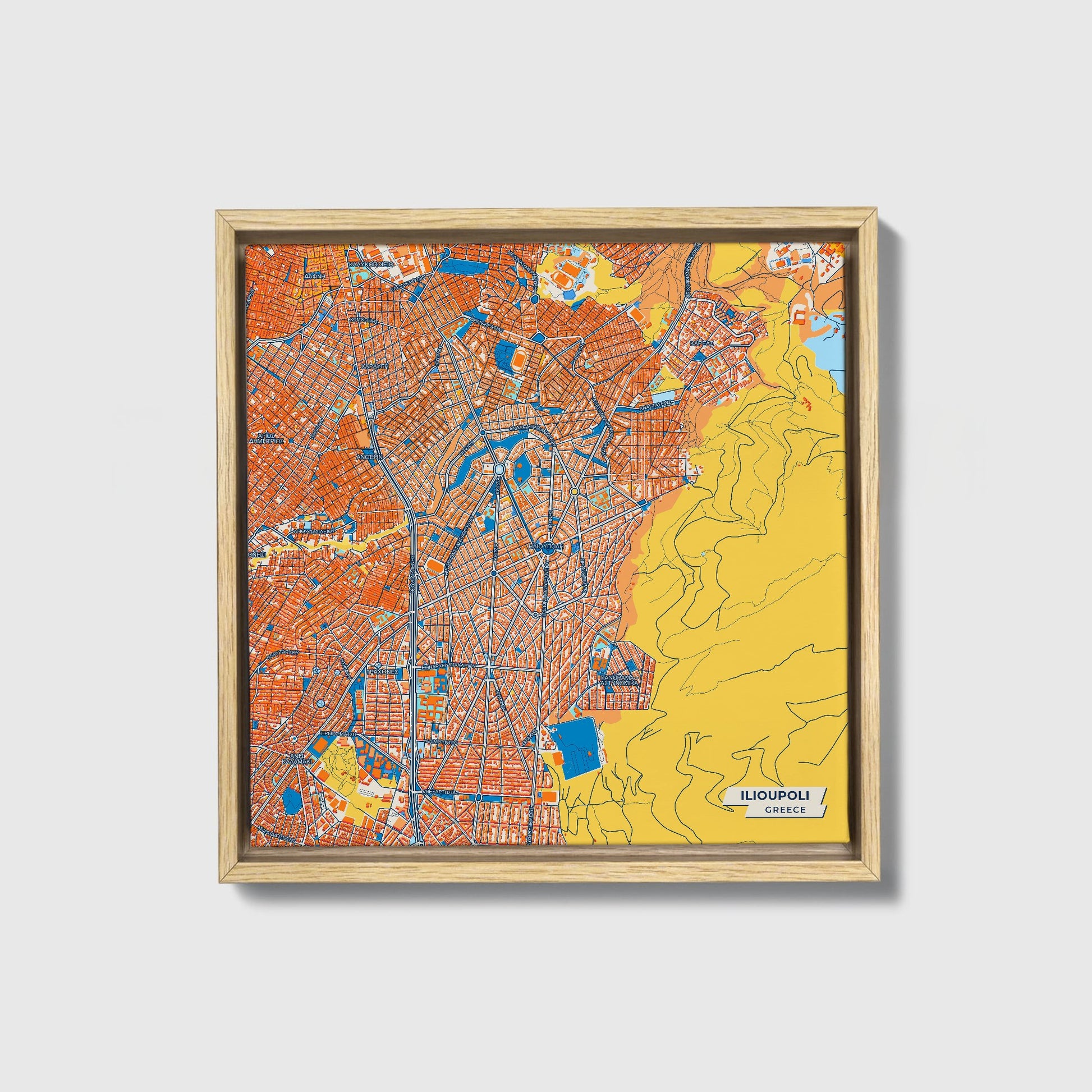 Ηλιουπολη Greece Colorful City Map Canvas Print • Natural Wooden Framed