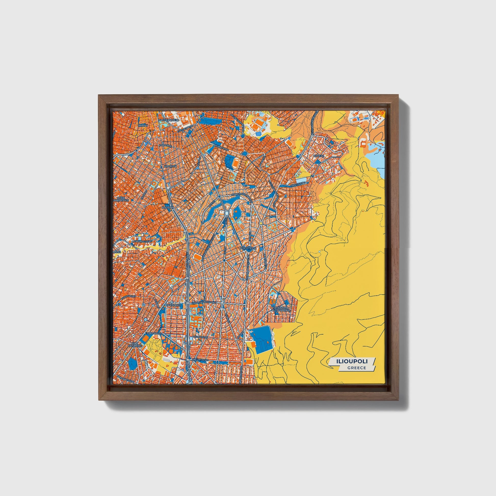 Ηλιουπολη Greece Colorful City Map Canvas Print • Dark Wooden Framed