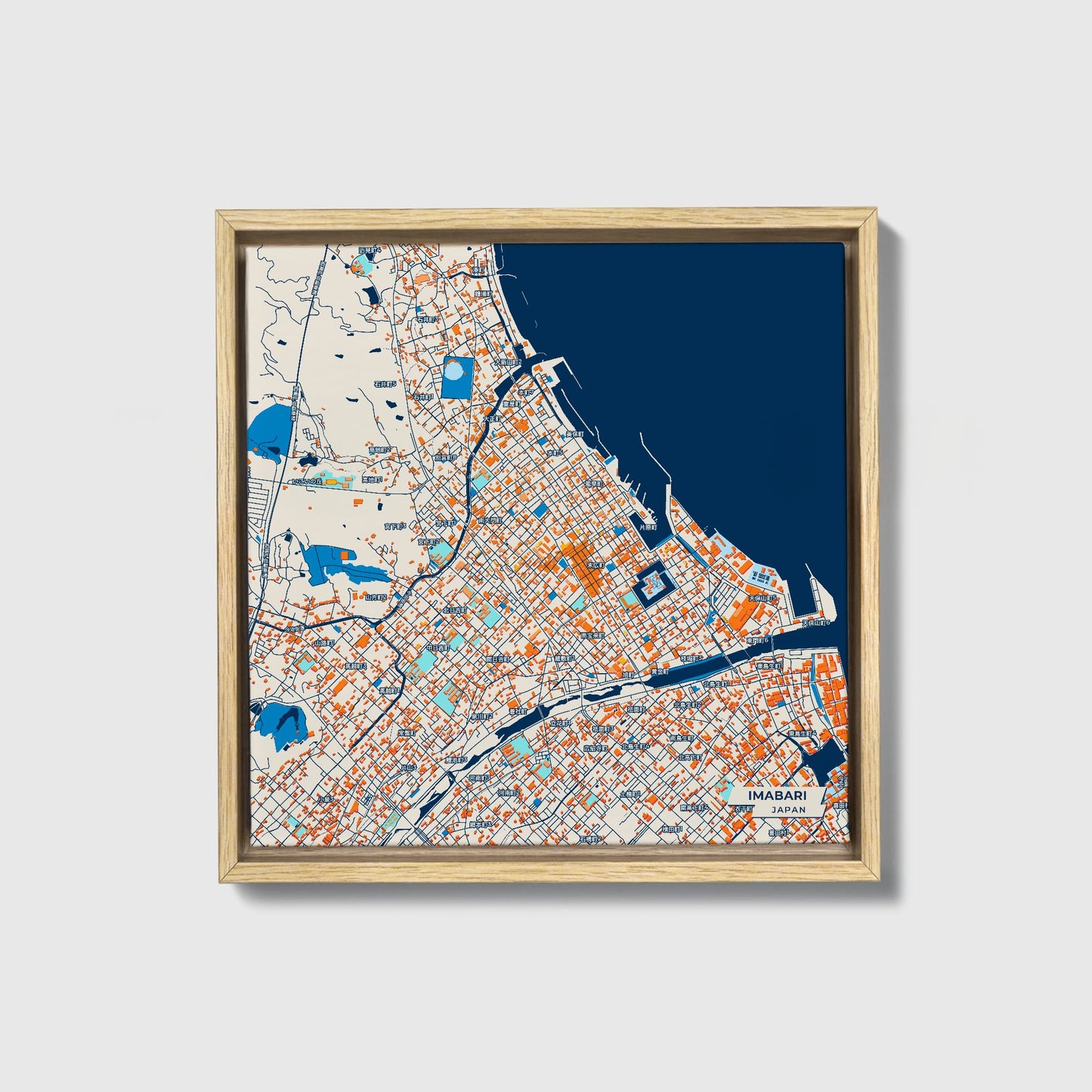 Imabari Japan Colorful City Map Canvas Print • Natural Wooden Framed