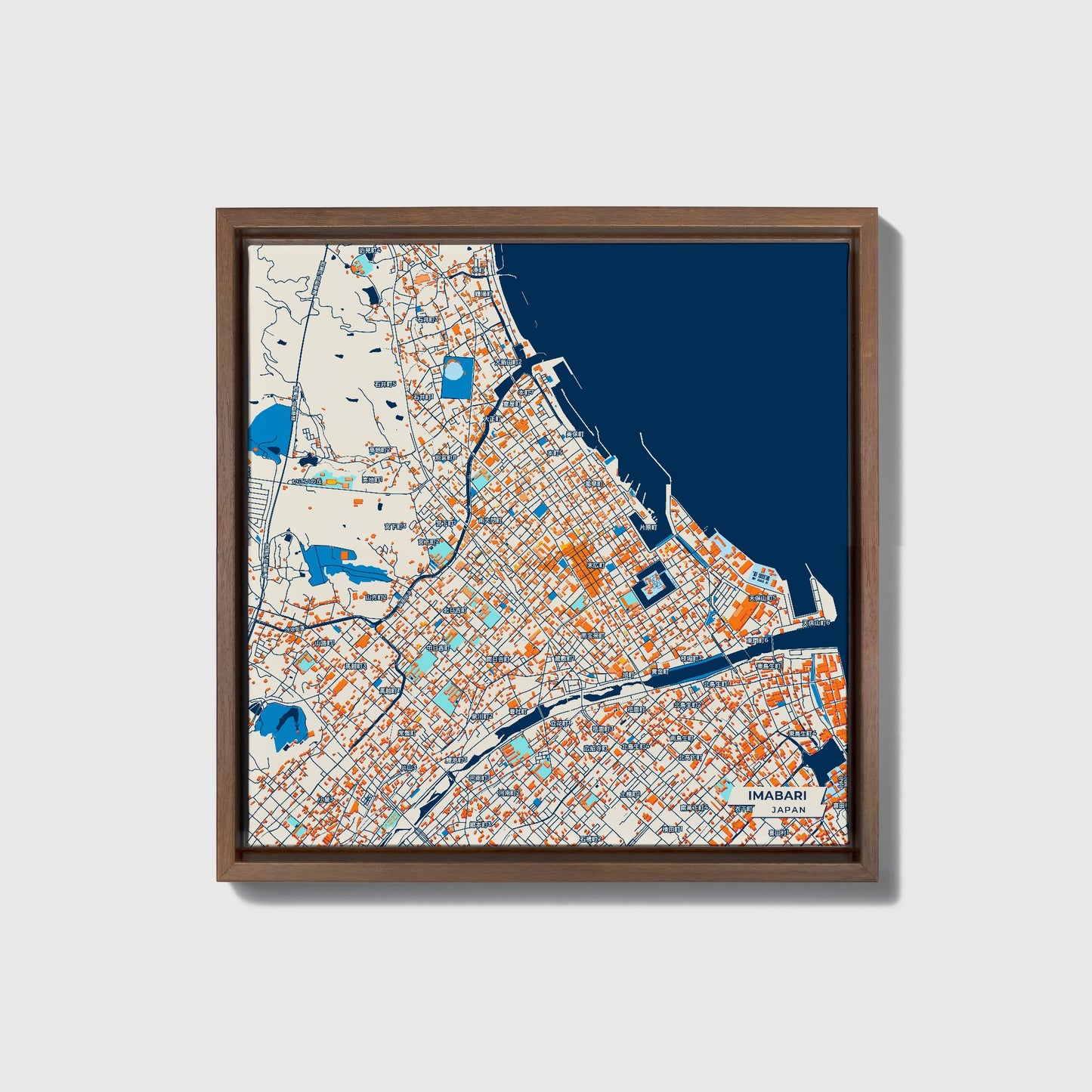 Imabari Japan Colorful City Map Canvas Print • Dark Wooden Framed