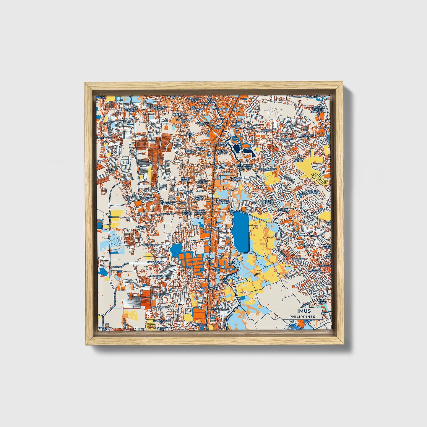 Imus Philippines Colorful City Map Canvas Print • Natural Wooden Framed