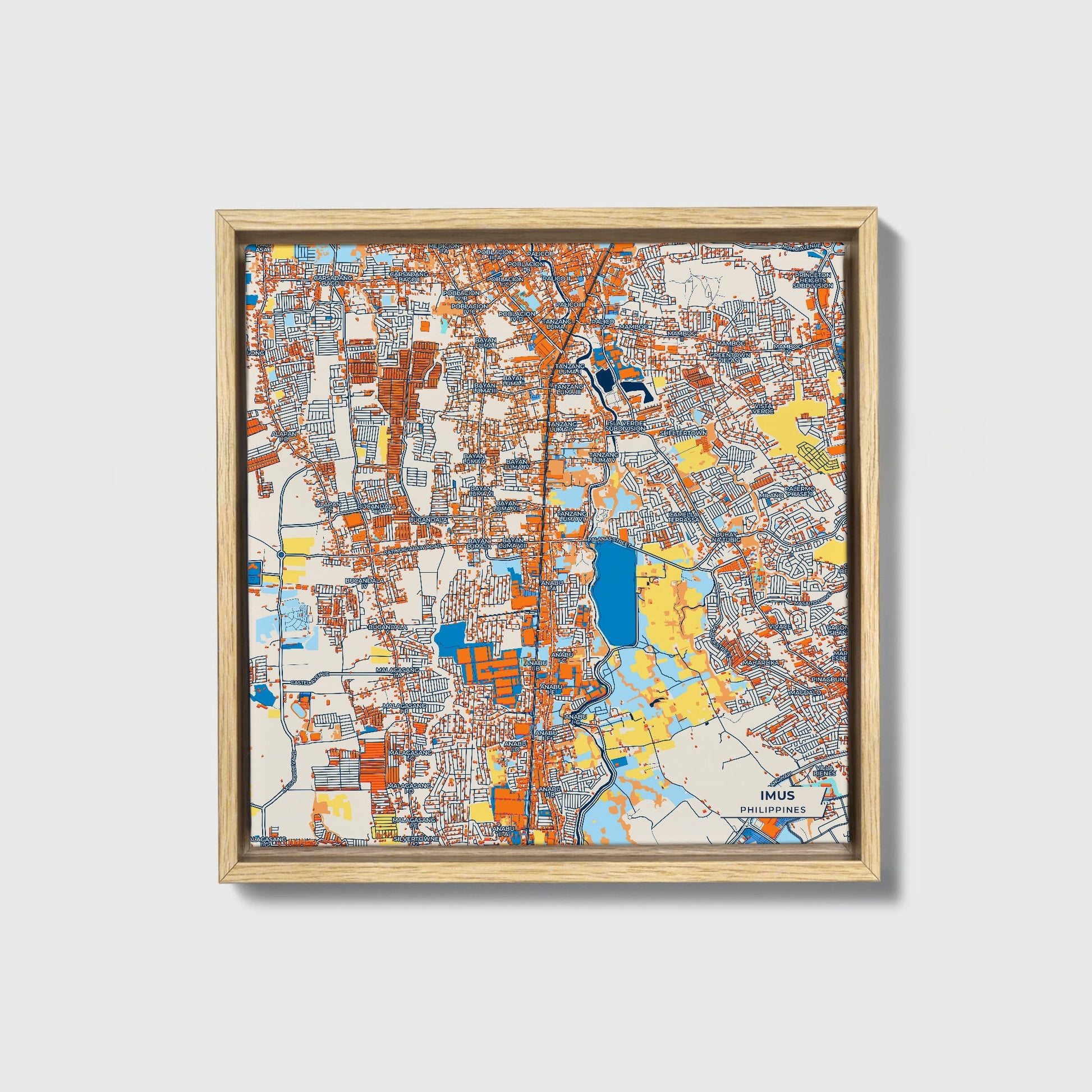 Imus Philippines Colorful City Map Canvas Print • Natural Wooden Framed