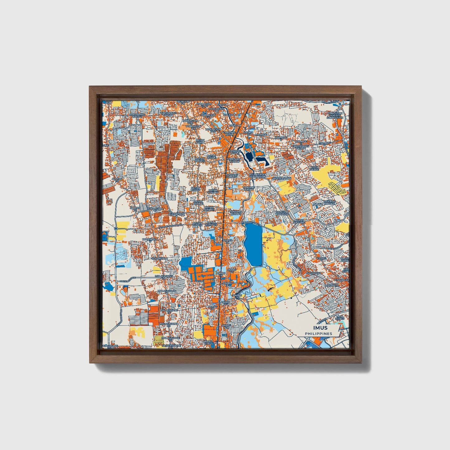 Imus Philippines Colorful City Map Canvas Print • Dark Wooden Framed
