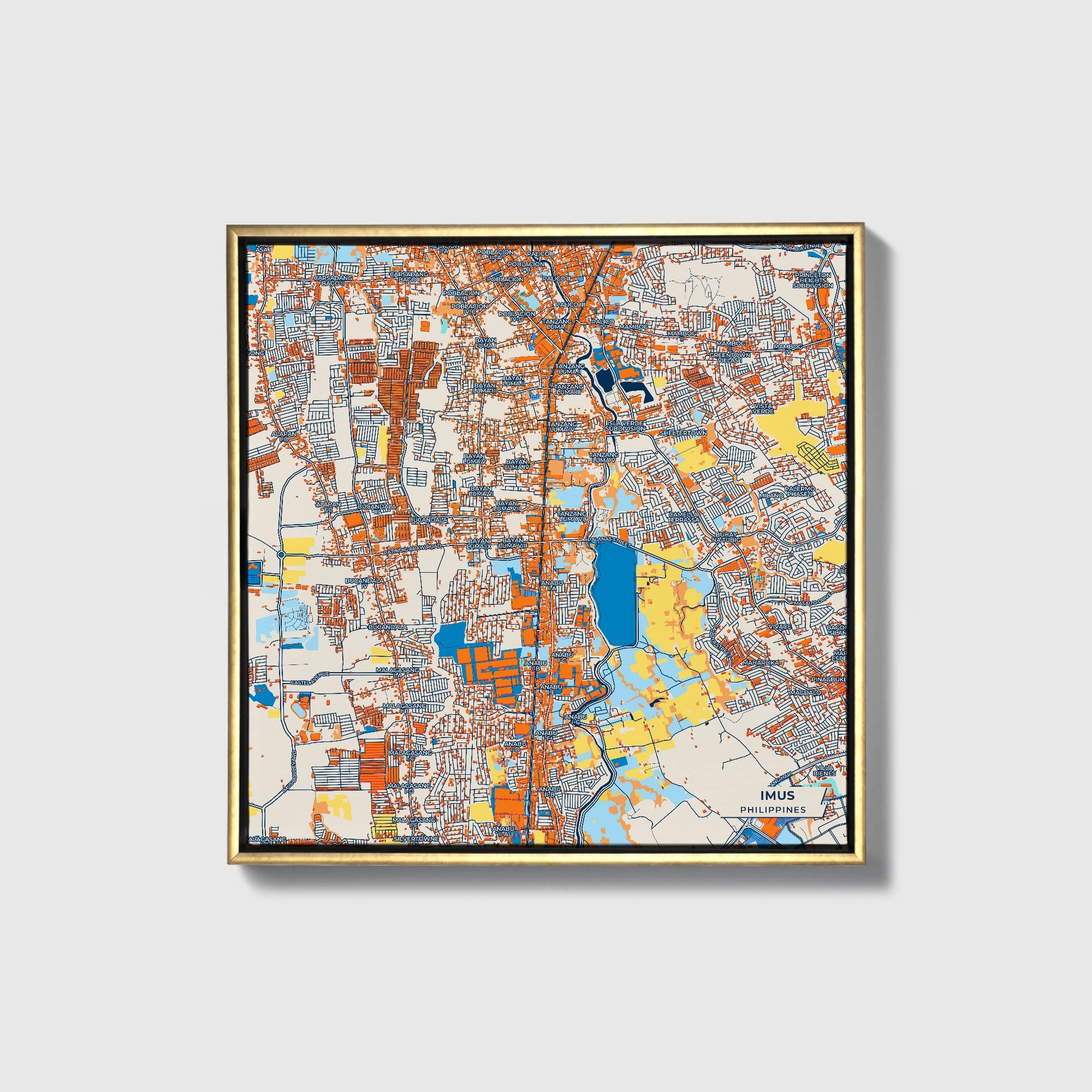 Imus Philippines Colorful City Map Canvas Print • Gold Framed