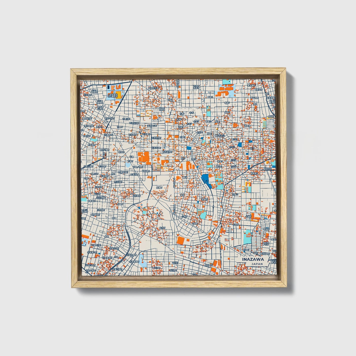 Inazawa Japan Colorful City Map Canvas Print • Natural Wooden Framed