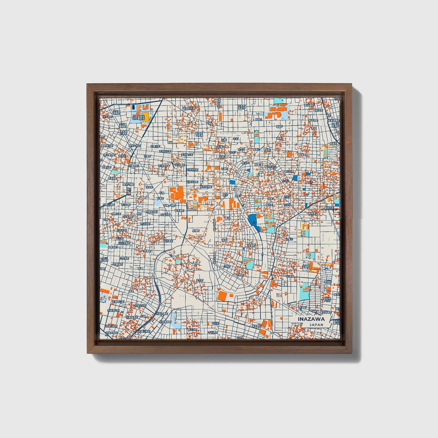 Inazawa Japan Colorful City Map Canvas Print • Dark Wooden Framed