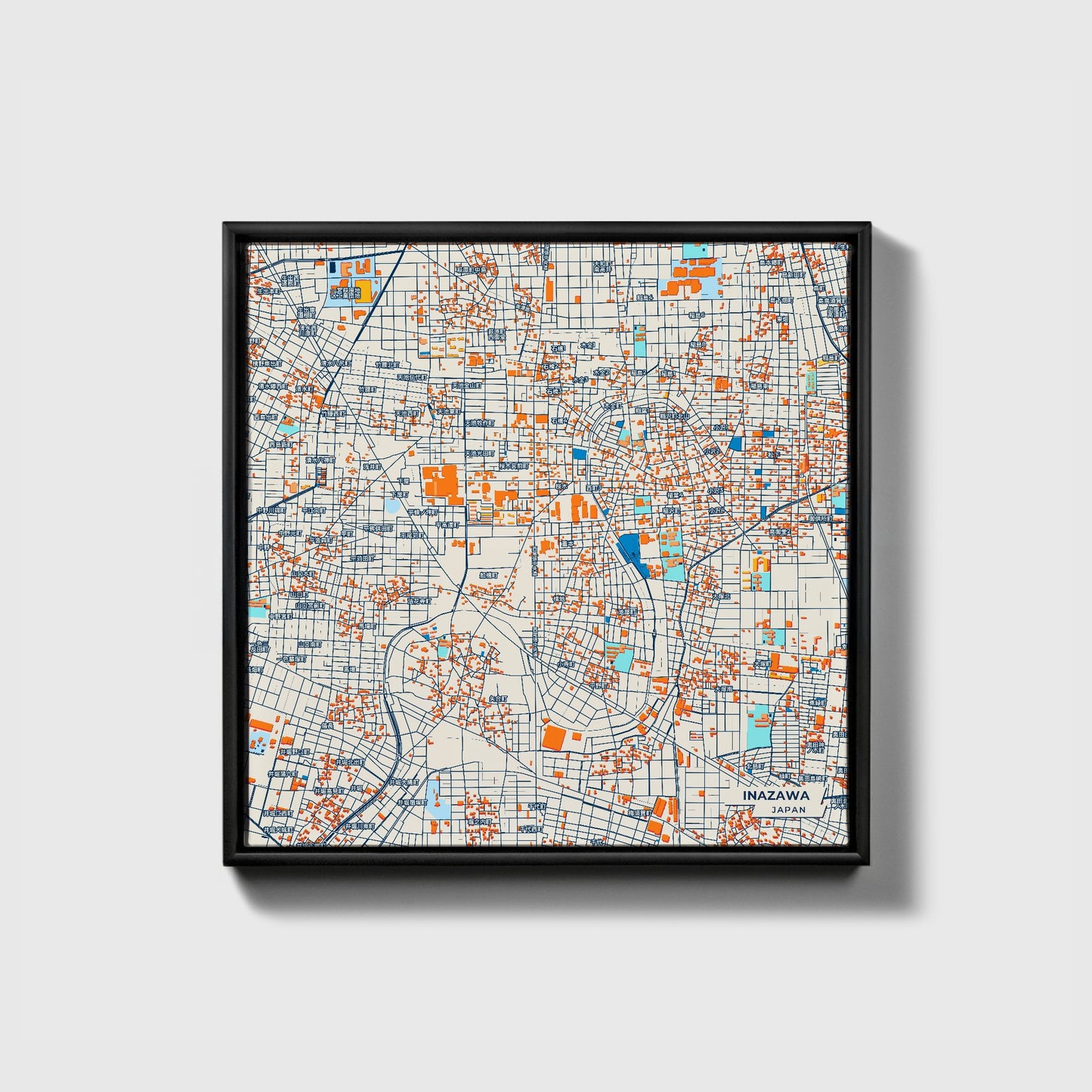Inazawa Japan Colorful City Map Canvas Print • Black Framed
