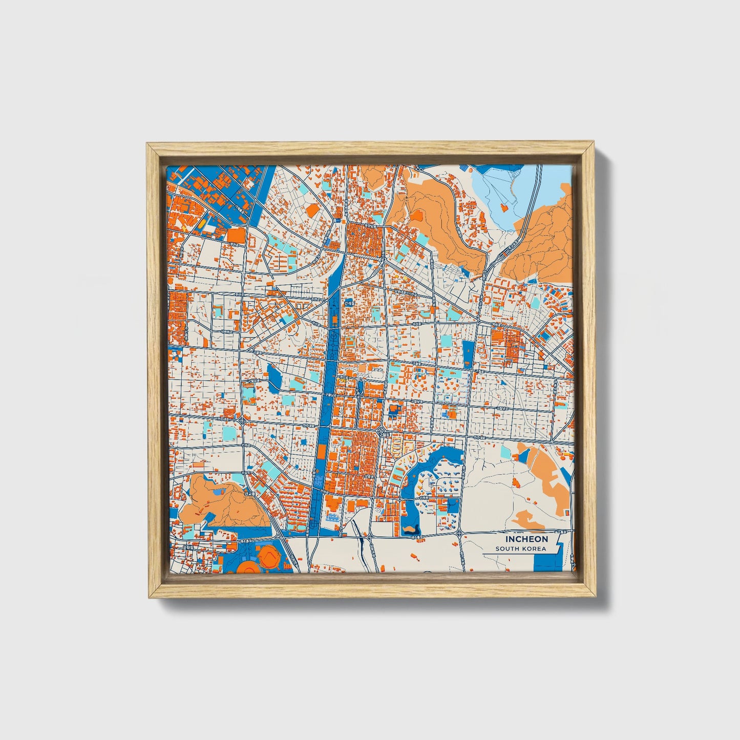 Incheon South Korea Colorful City Map Canvas Print • Natural Wooden Framed