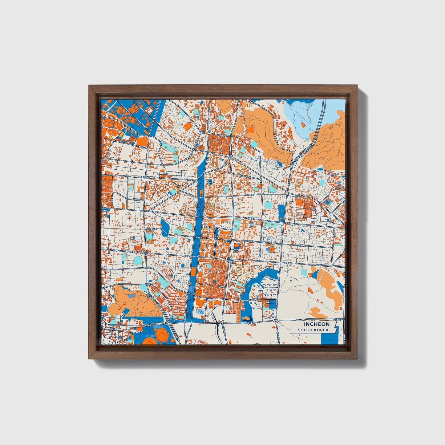 Incheon South Korea Colorful City Map Canvas Print • Dark Wooden Framed