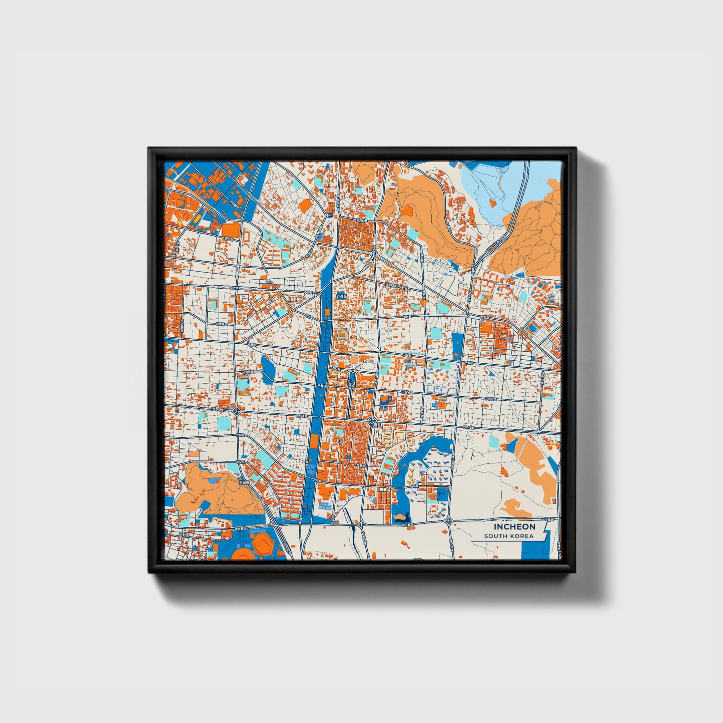 Incheon South Korea Colorful City Map Canvas Print • Black Framed