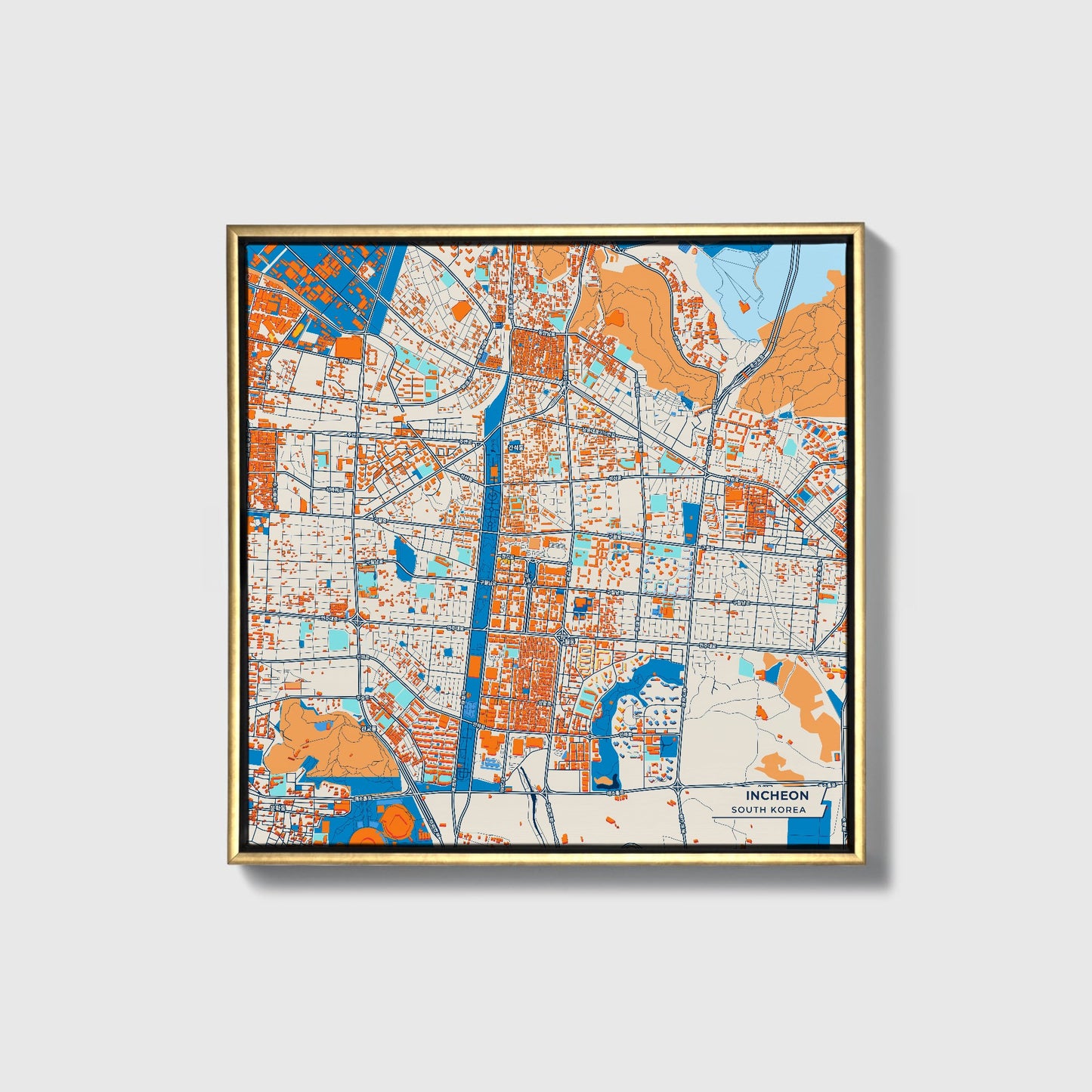 Incheon South Korea Colorful City Map Canvas Print • Gold Framed