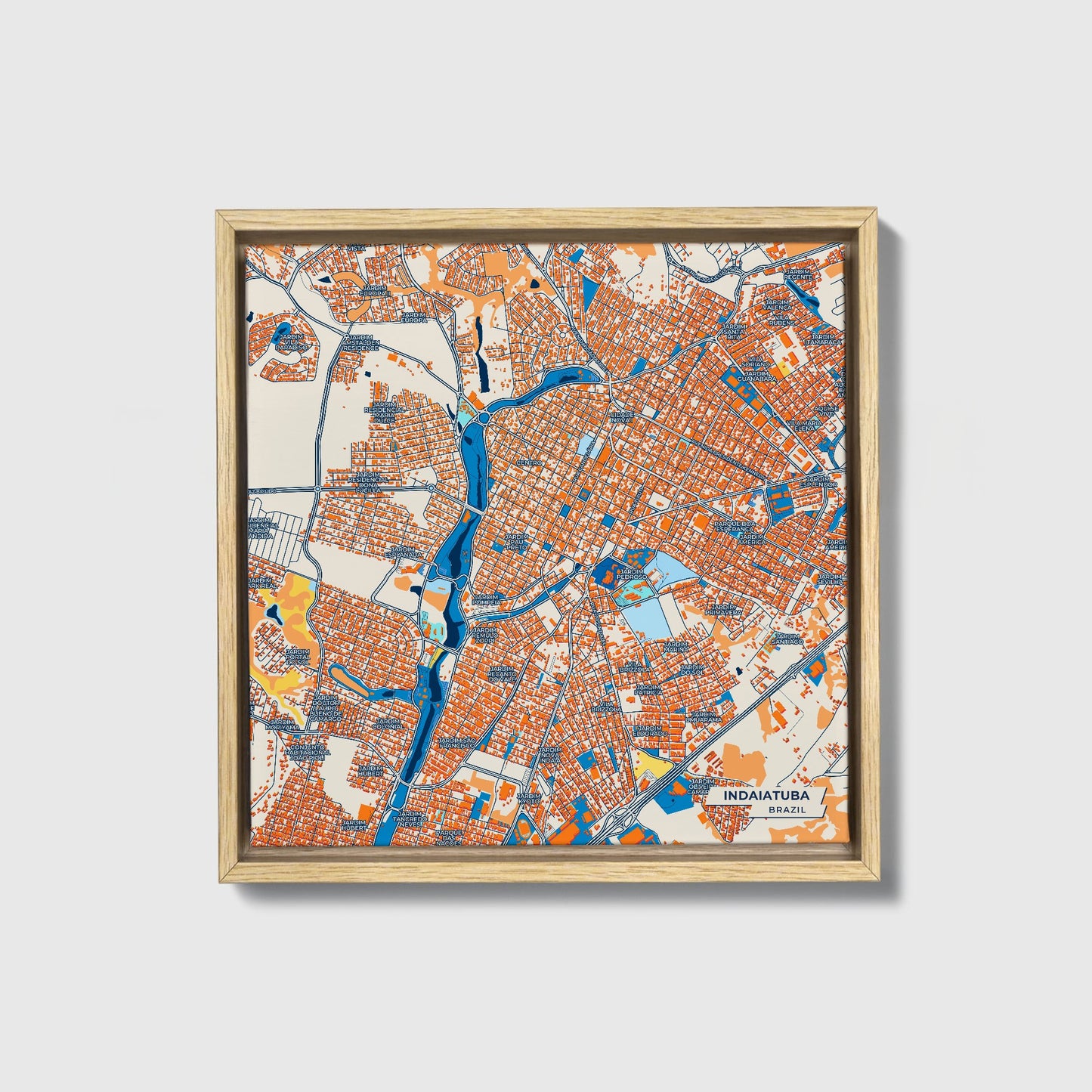 Indaiatuba Brazil Colorful City Map Canvas Print • Natural Wooden Framed