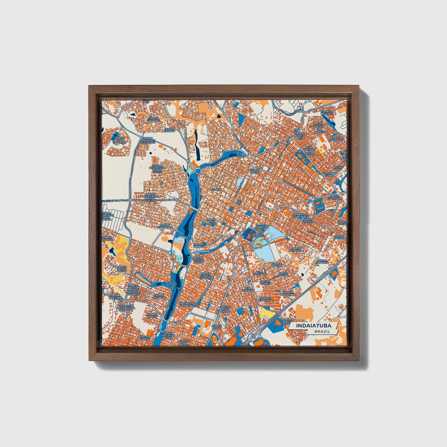 Indaiatuba Brazil Colorful City Map Canvas Print • Dark Wooden Framed