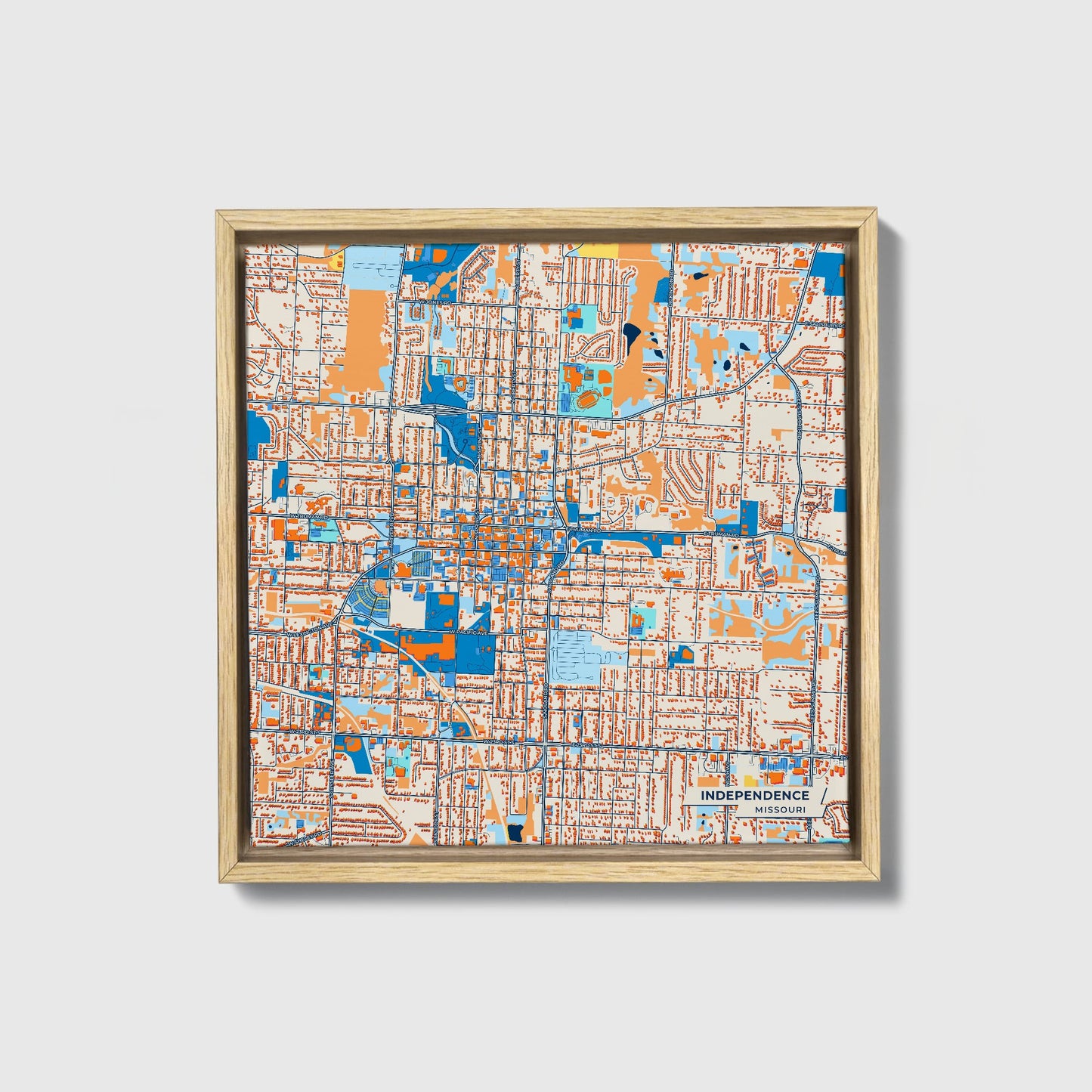 Independence Missouri Colorful City Map Canvas Print • Natural Wooden Framed