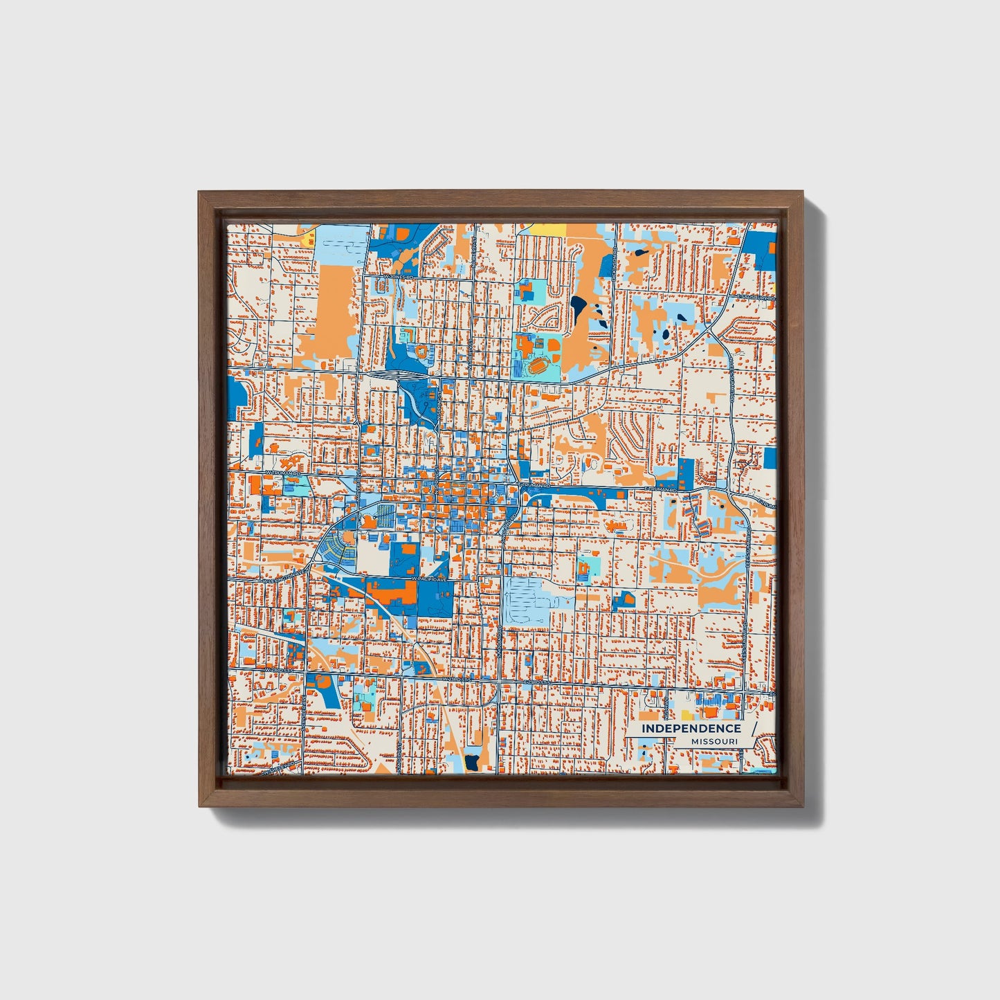 Independence Missouri Colorful City Map Canvas Print • Dark Wooden Framed