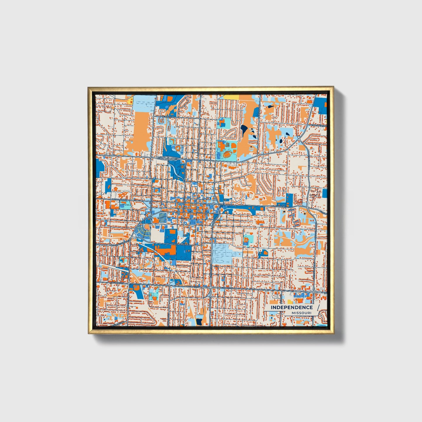 Independence Missouri Colorful City Map Canvas Print • Gold Framed